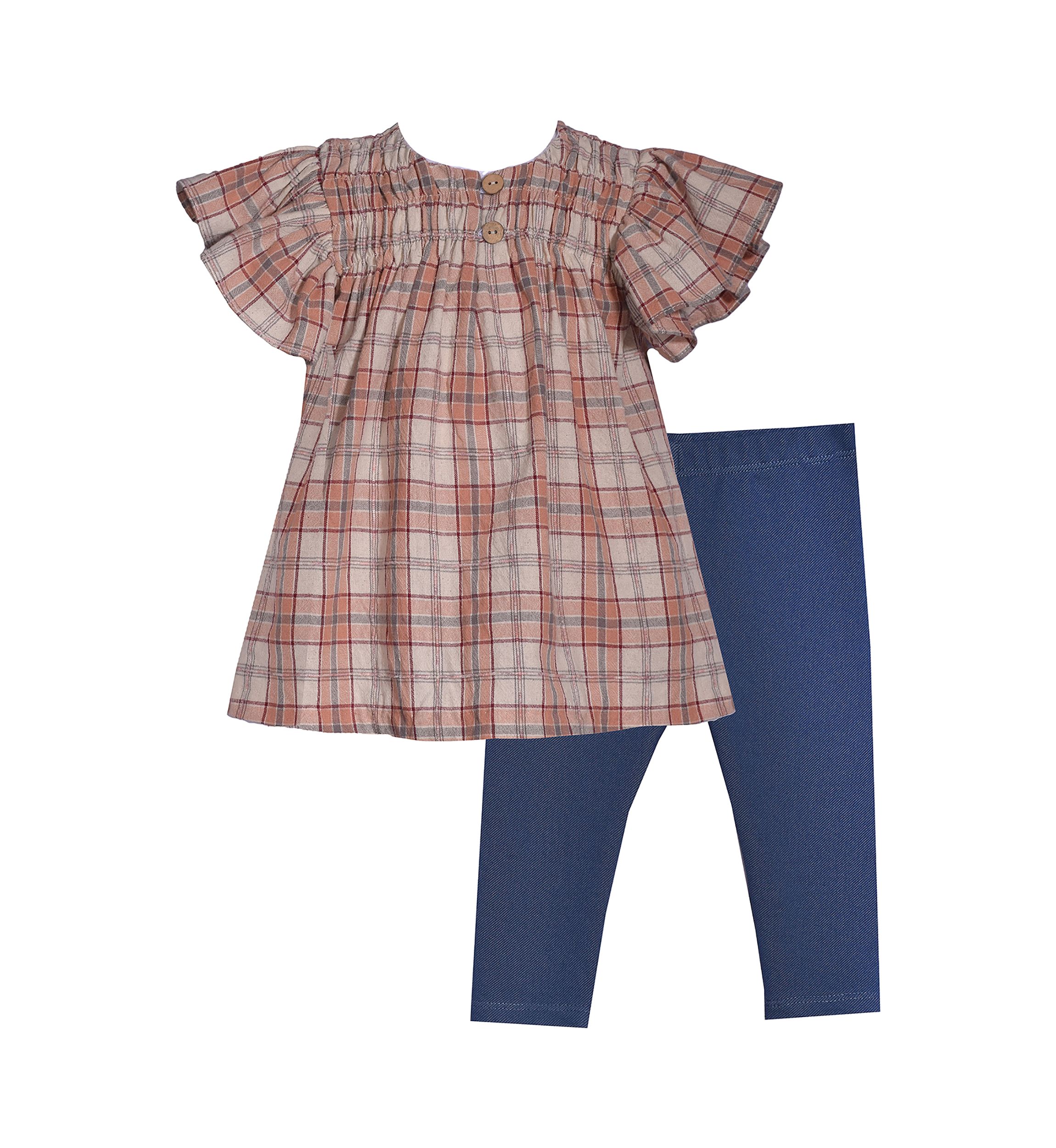 Toddler Girls Plaid Gauze Flutter Sleeve Top and Leggings Set