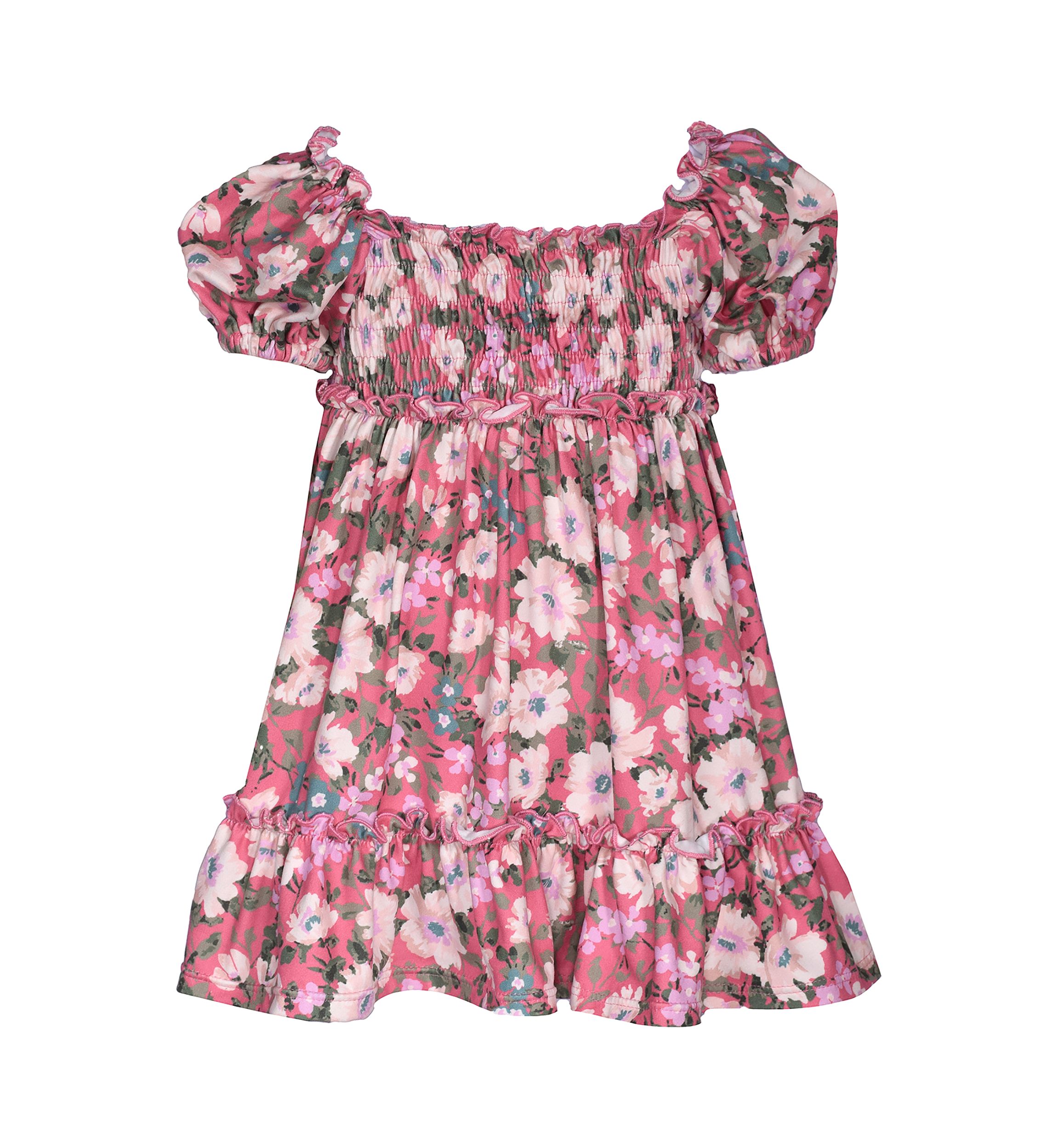 Toddler Girls Short Puff Sleeve Floral Printed Knit Dress