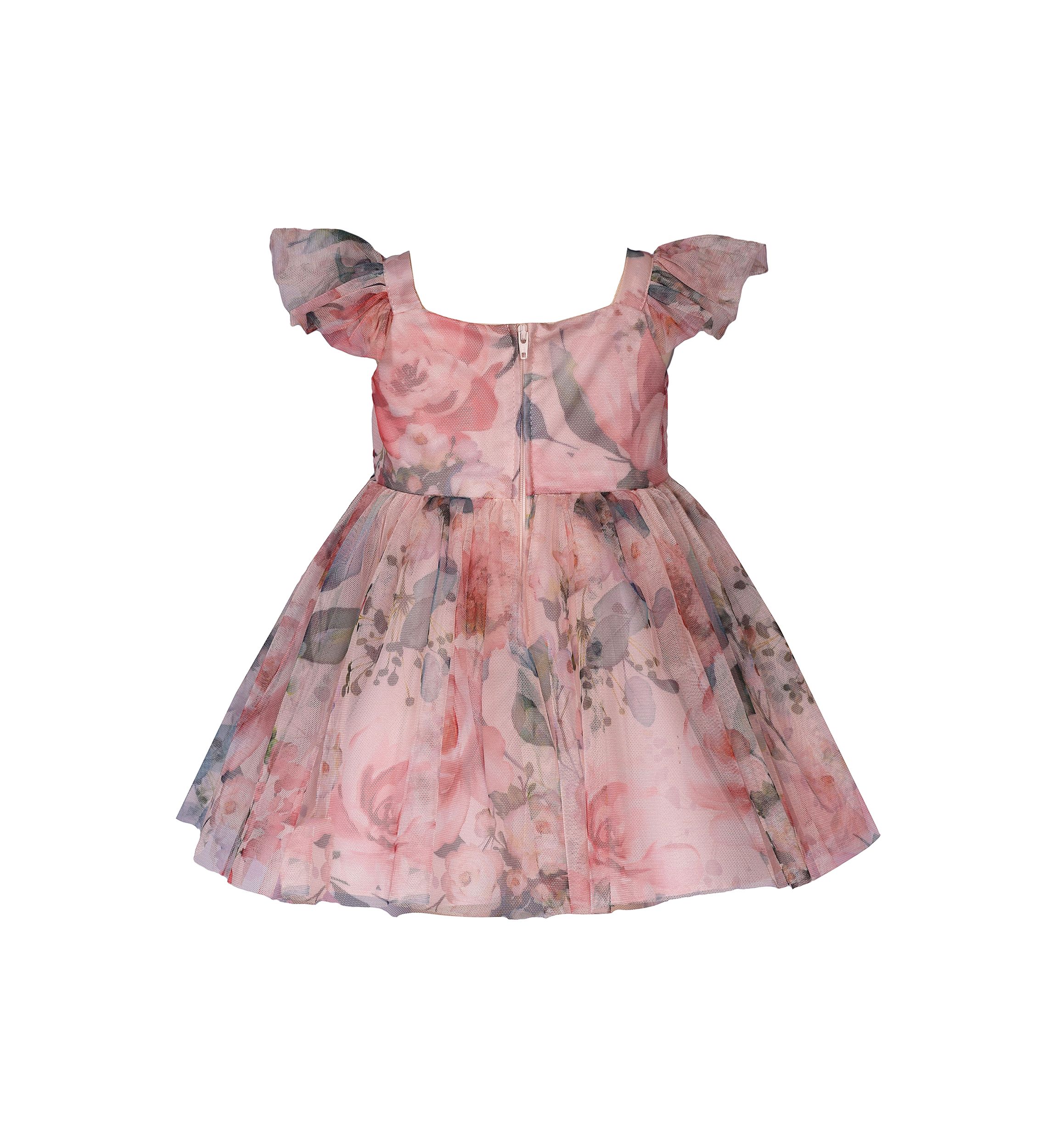 Toddler Girls Floral Printed Mesh Dress with Ruched Bodice