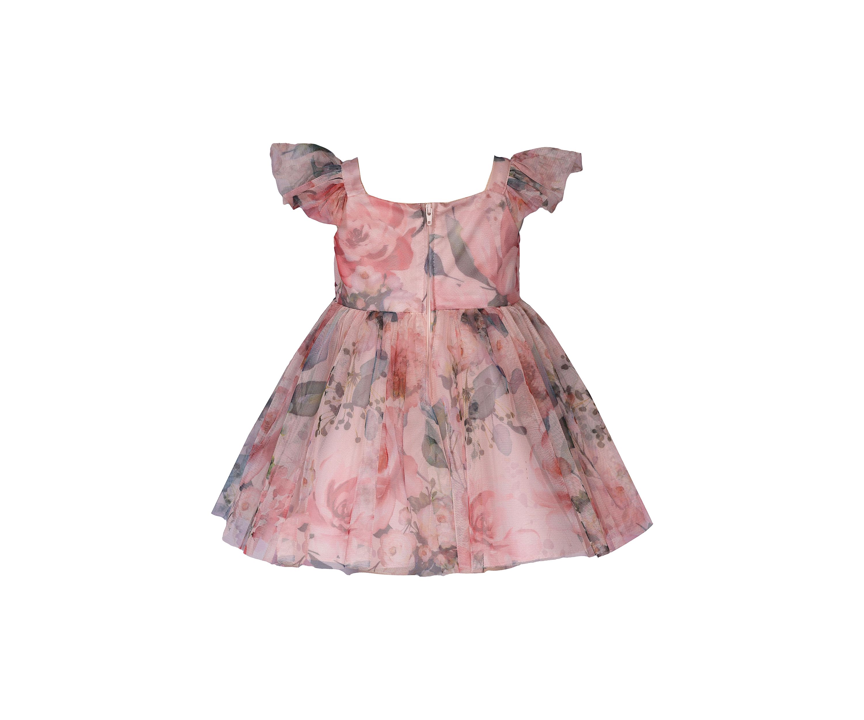 Toddler Girls Floral Printed Mesh Dress with Ruched Bodice