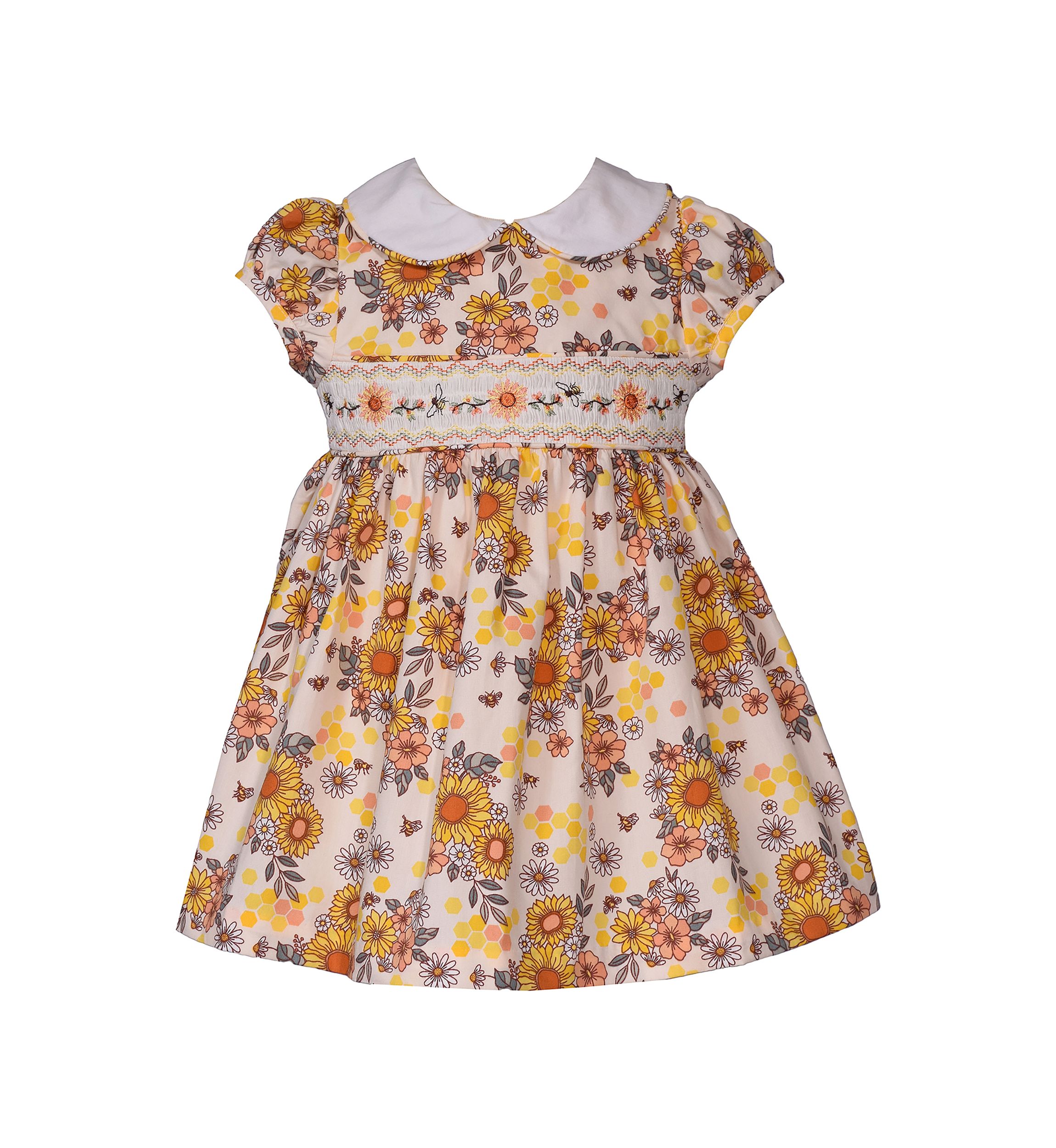 Toddler Girls Sunflower Printed Smocked Dress