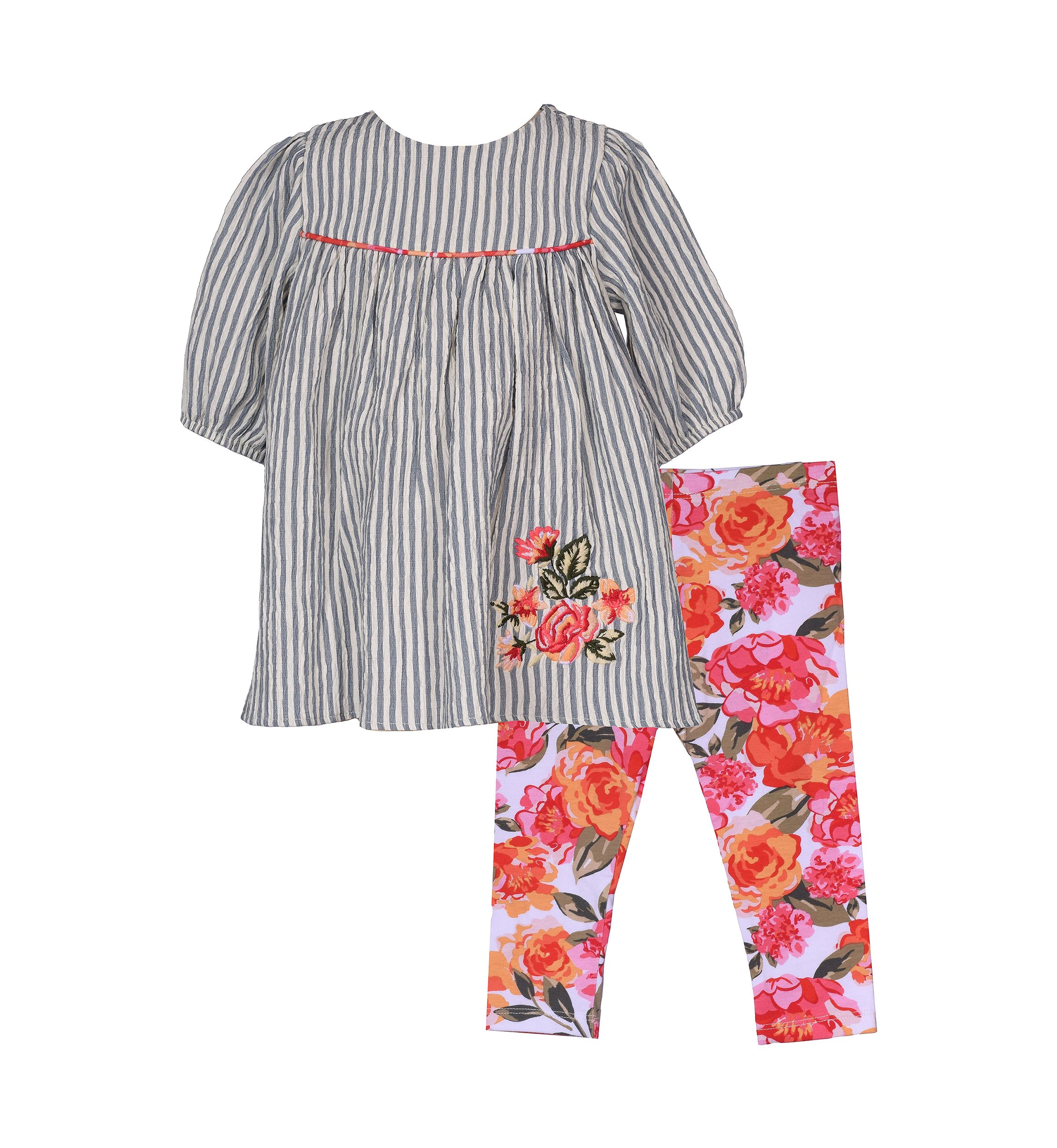 Toddler Girls Striped Embroidered Top and Printed Leggings