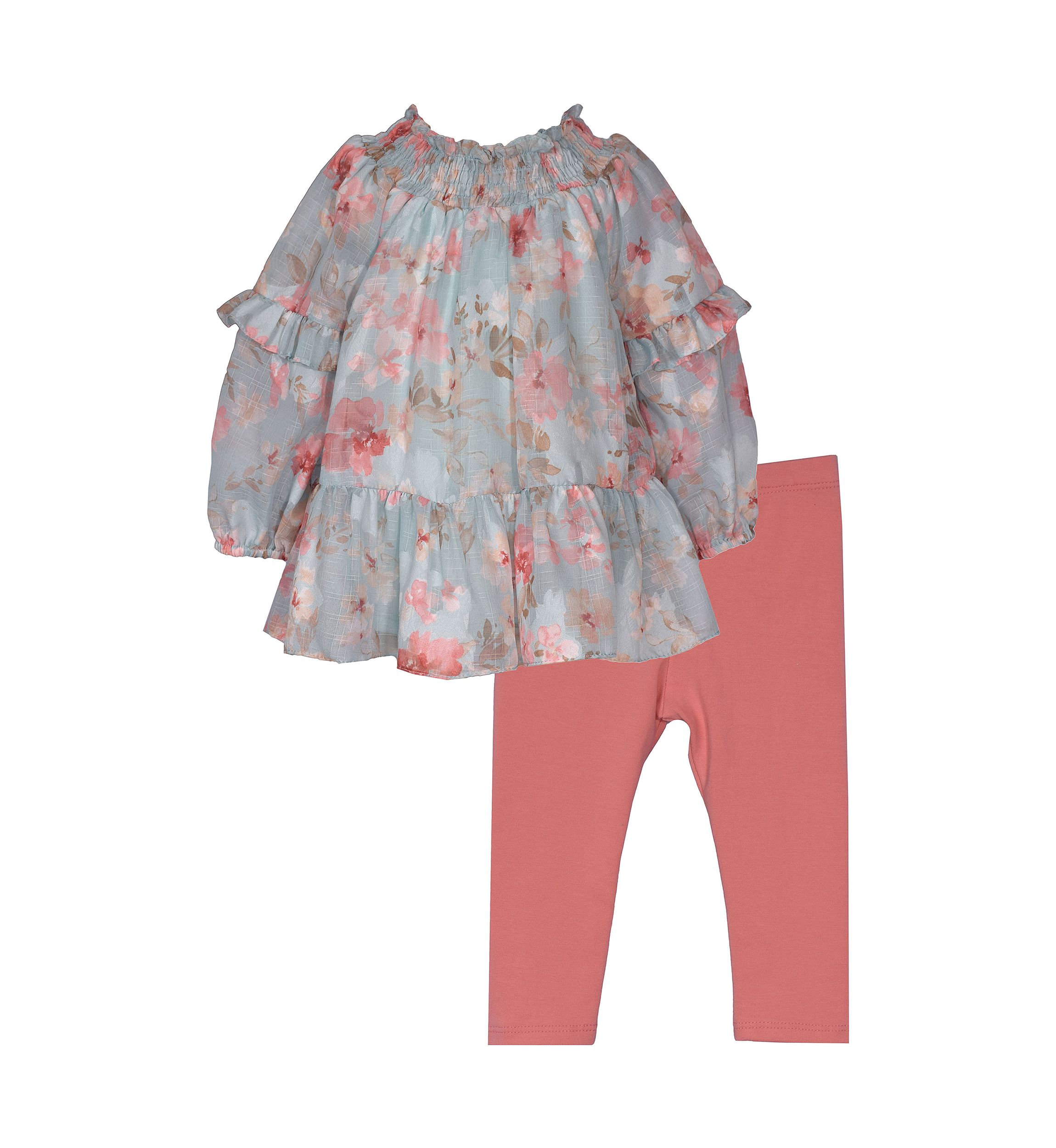 Toddler Girls Smocked Printed Chiffon Top and Solid Leggings Set