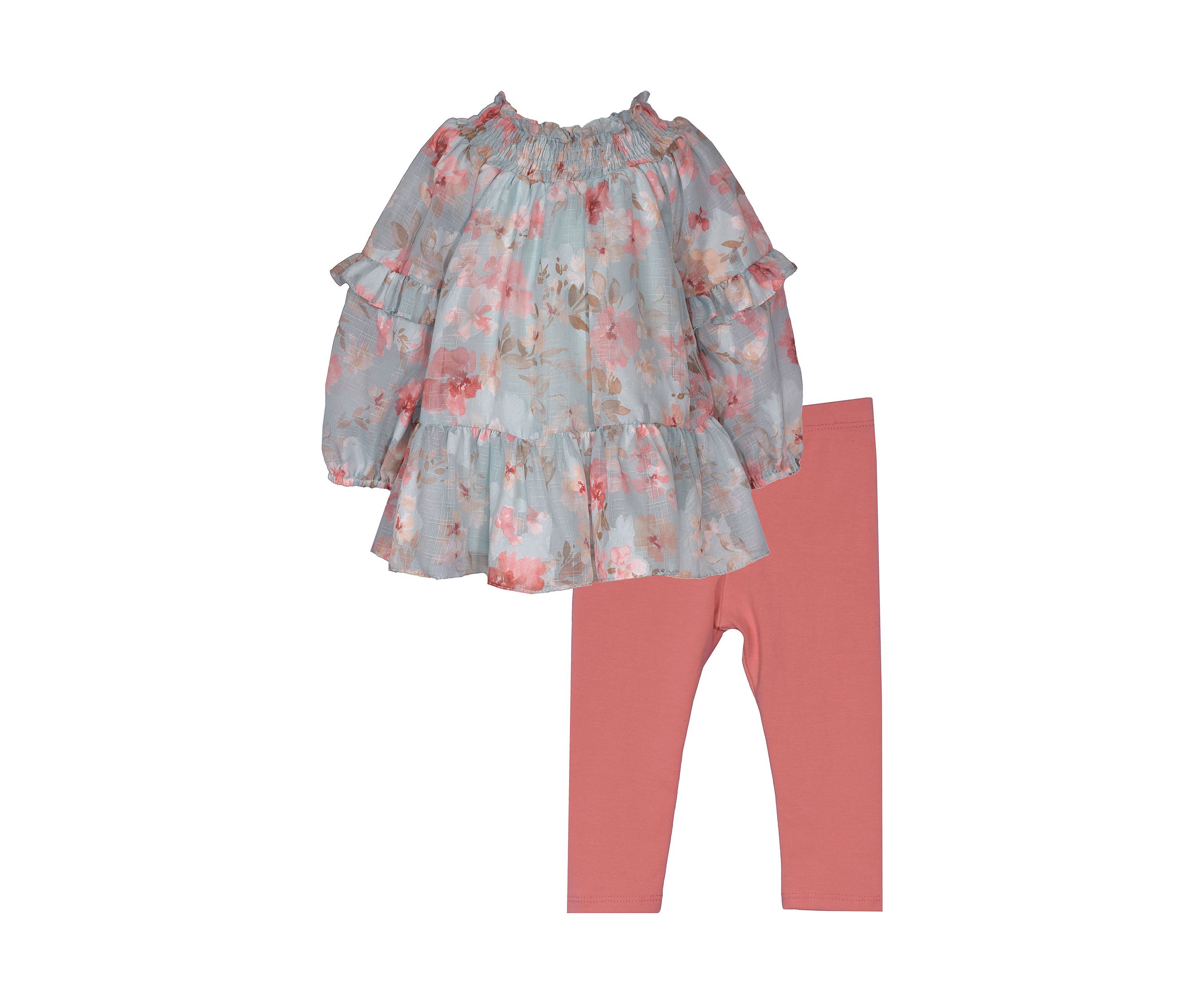 Toddler Girls Smocked Printed Chiffon Top and Solid Leggings Set