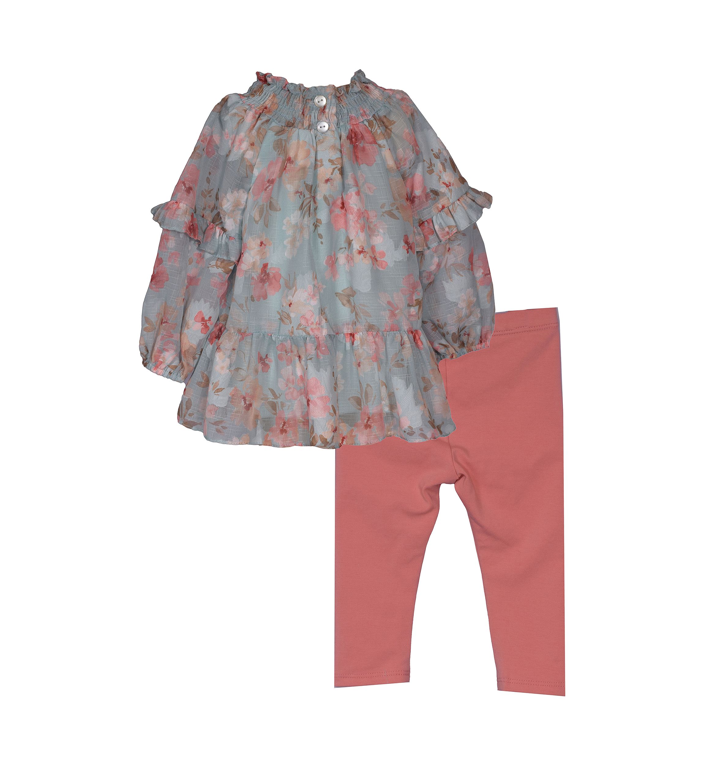 Toddler Girls Smocked Printed Chiffon Top and Solid Leggings Set