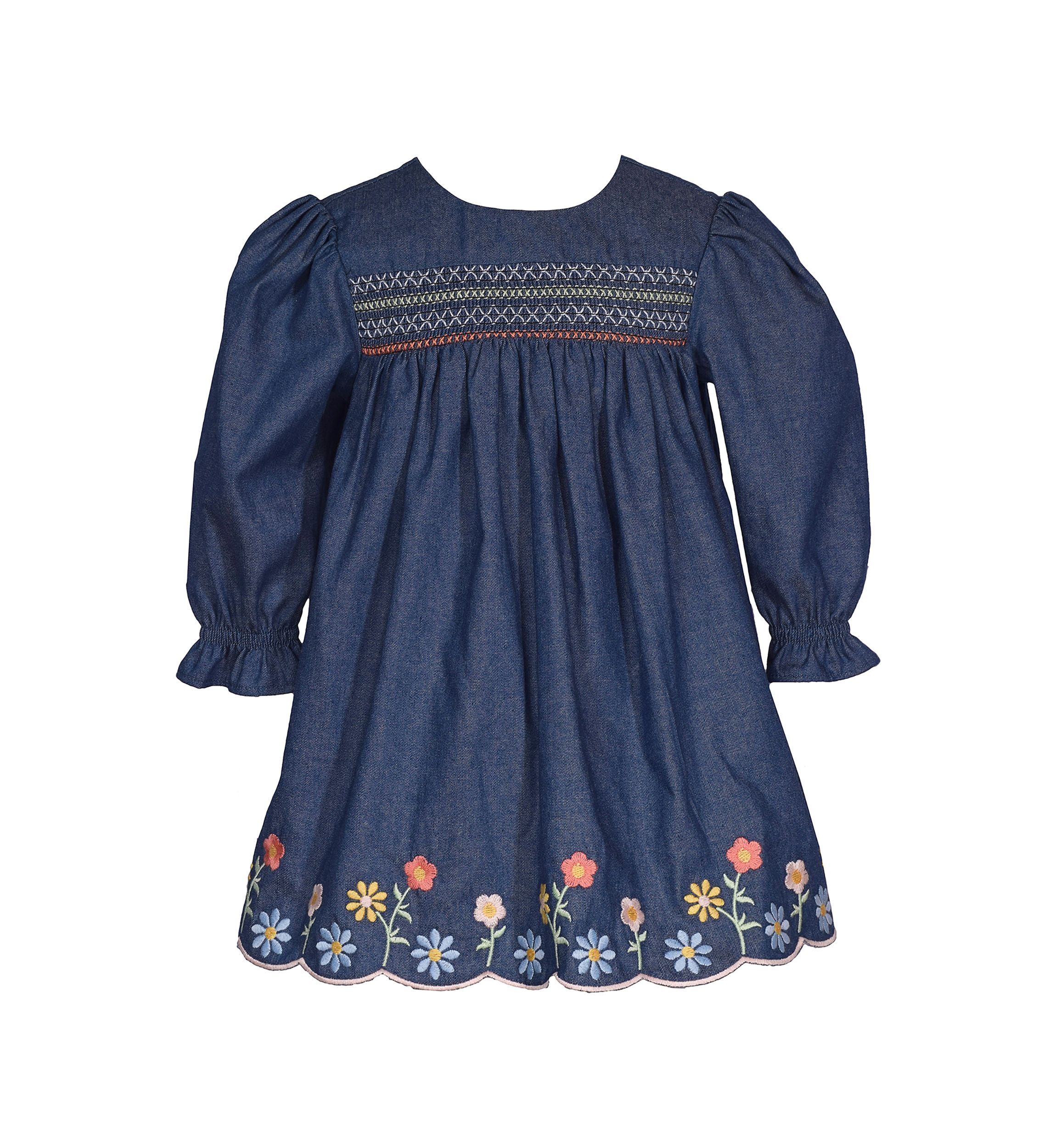 Toddler Girls Floral Embroidered Scalloped Hem Denim Dress