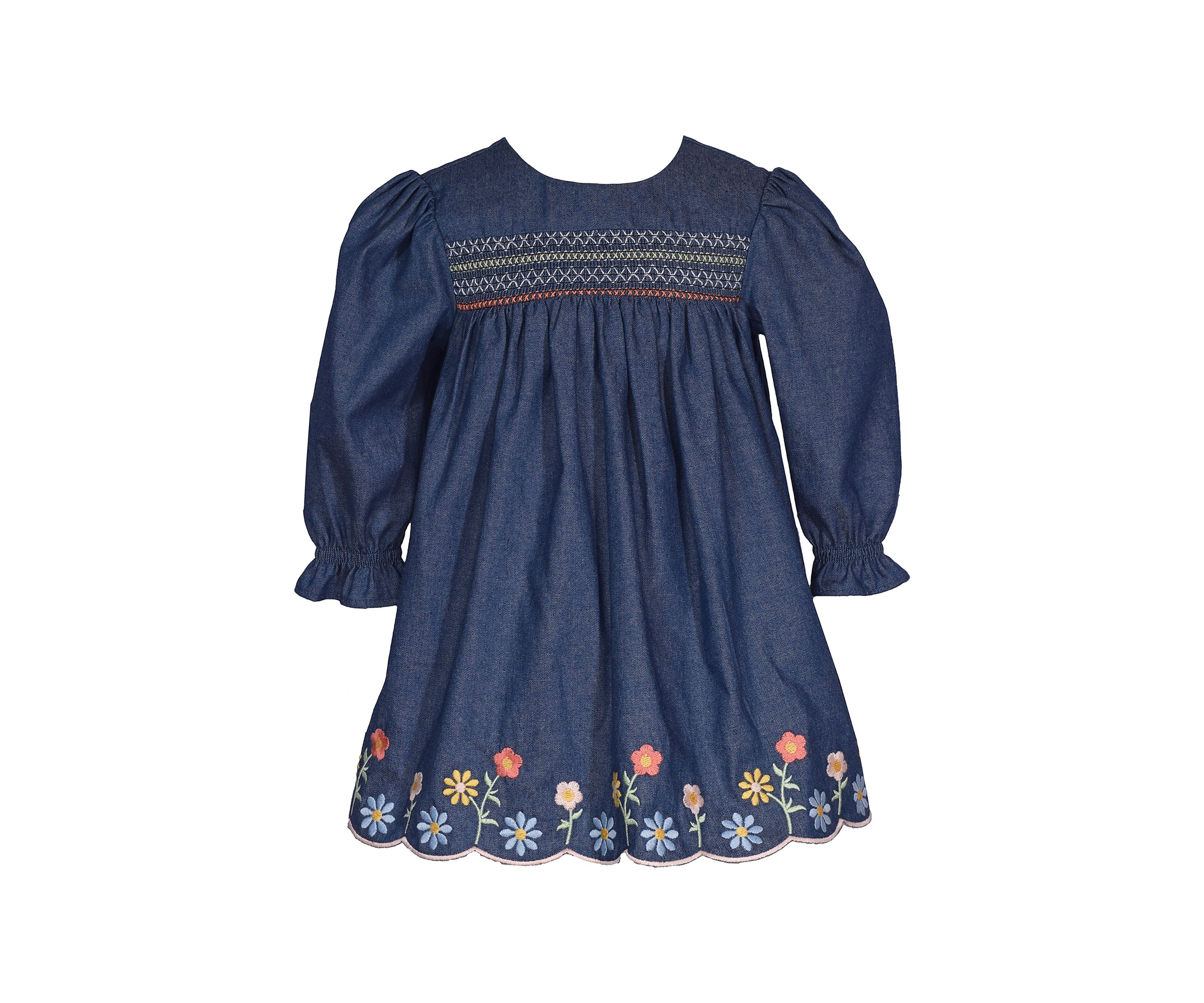 Toddler Girls Floral Embroidered Scalloped Hem Denim Dress