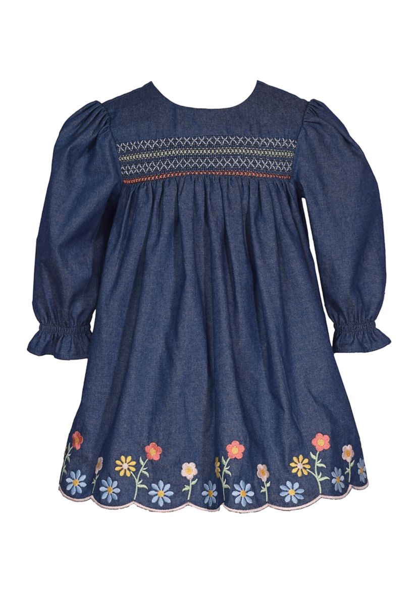 Toddler Girls Floral Embroidered Scalloped Hem Denim Dress
