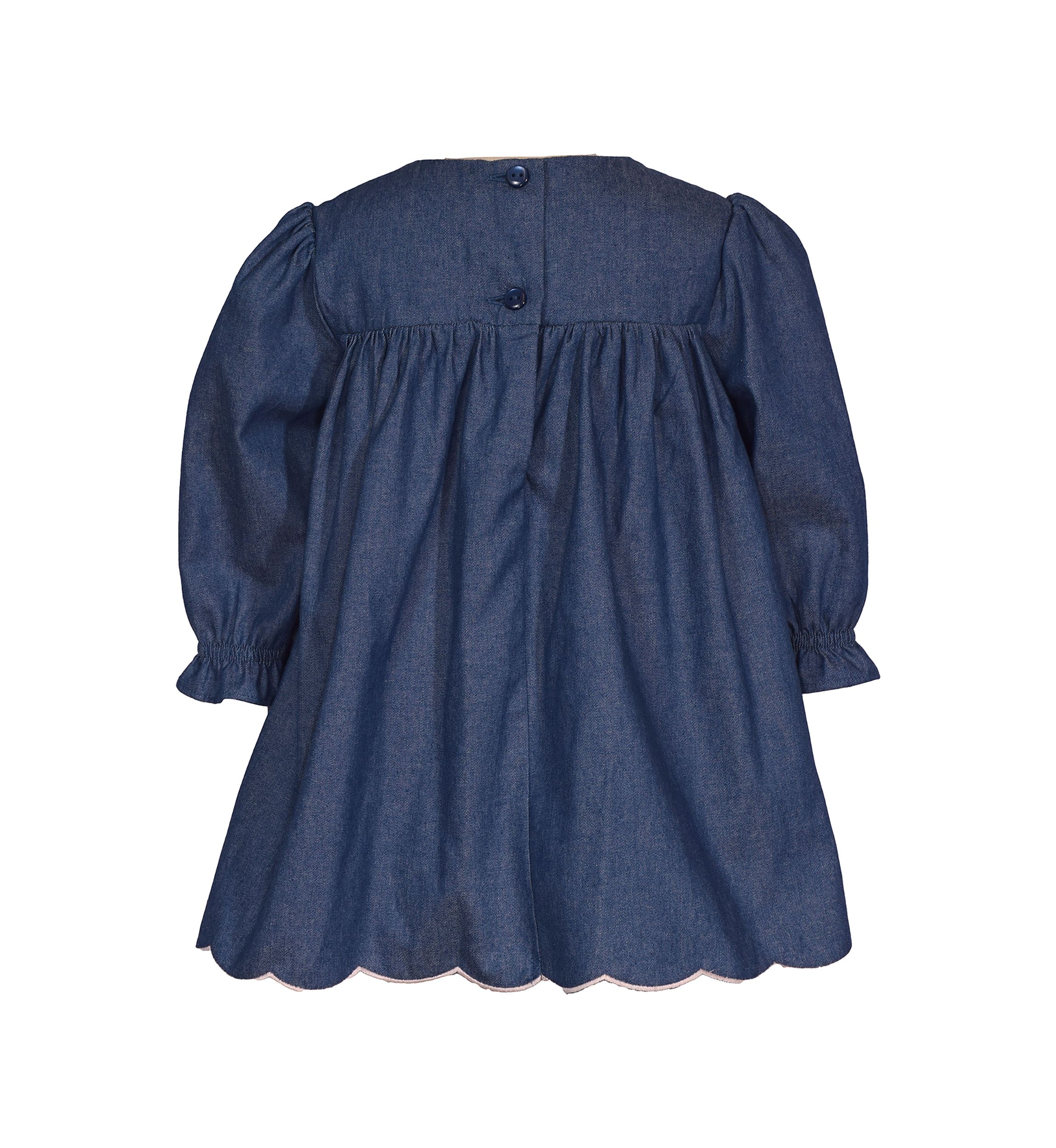 Toddler Girls Floral Embroidered Scalloped Hem Denim Dress