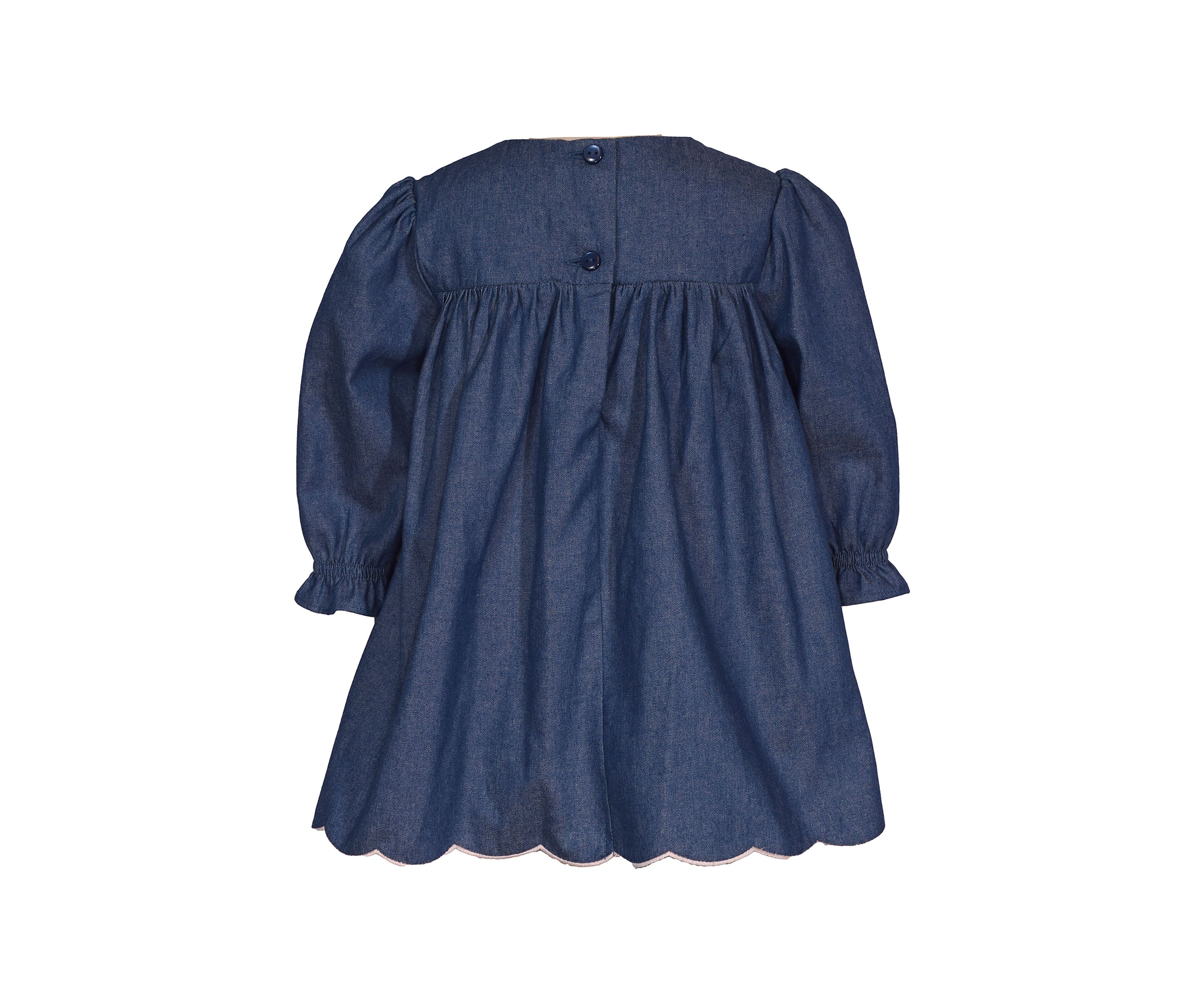 Toddler Girls Floral Embroidered Scalloped Hem Denim Dress
