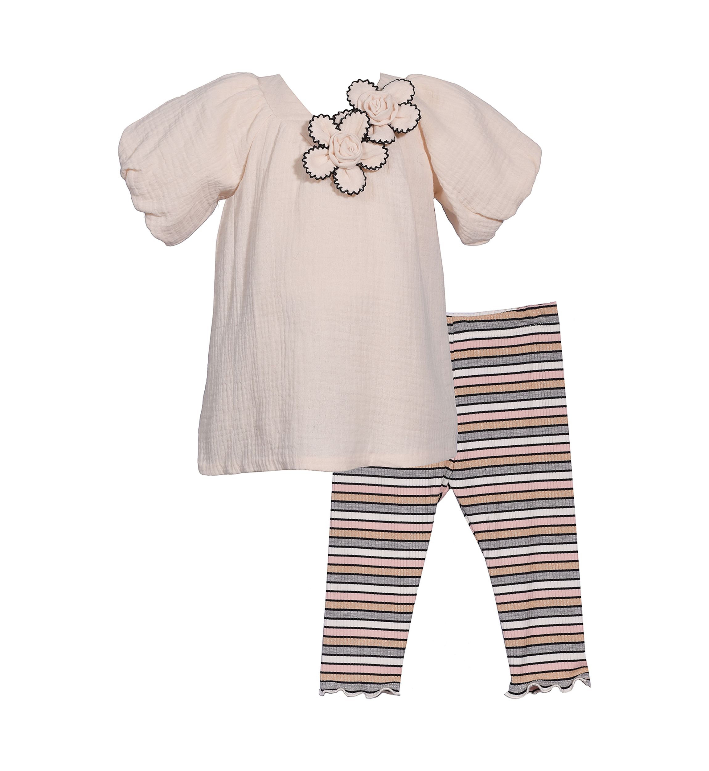Toddler Girls Picot Flower Top and Striped Leggings Set