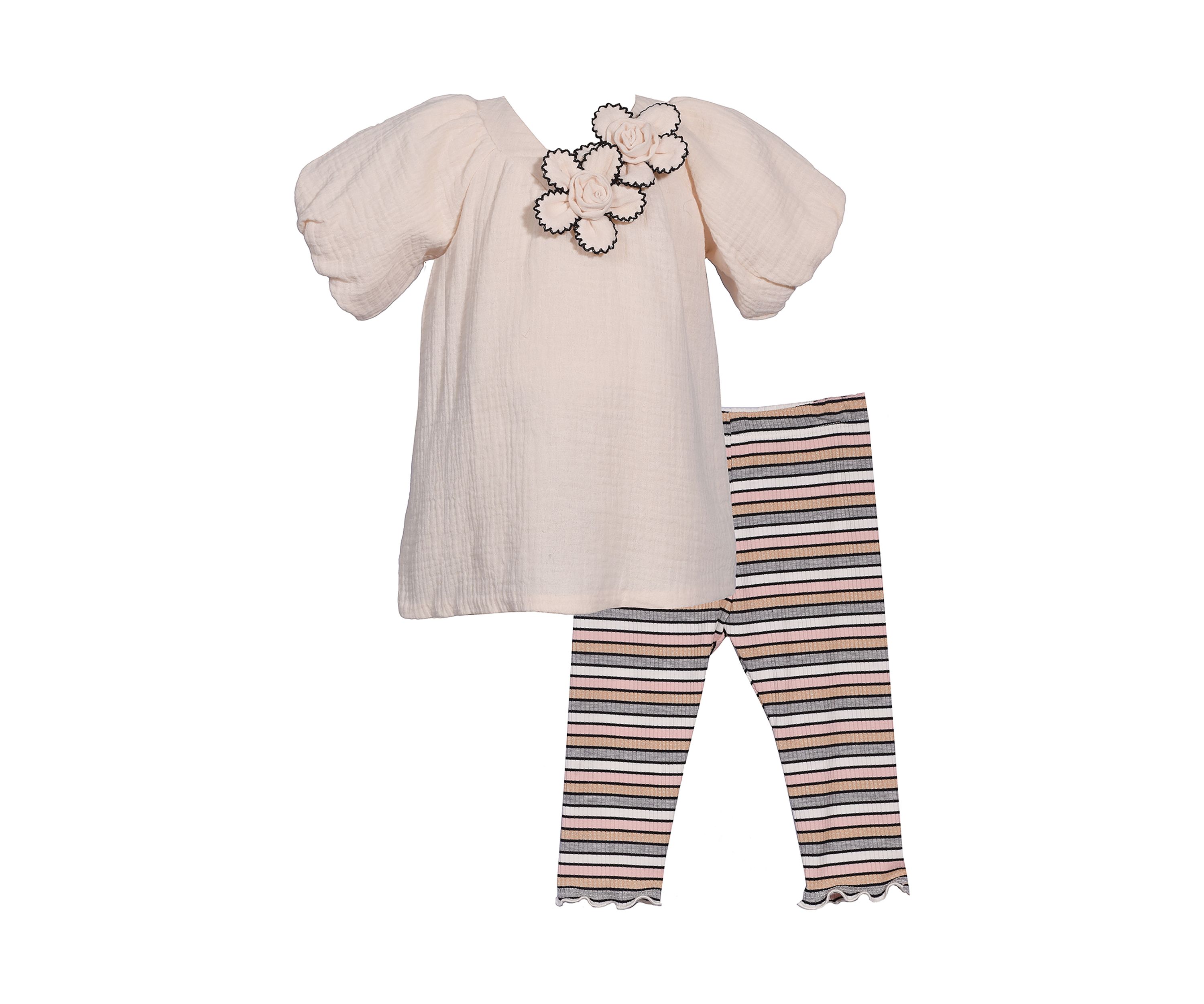 Toddler Girls Picot Flower Top and Striped Leggings Set