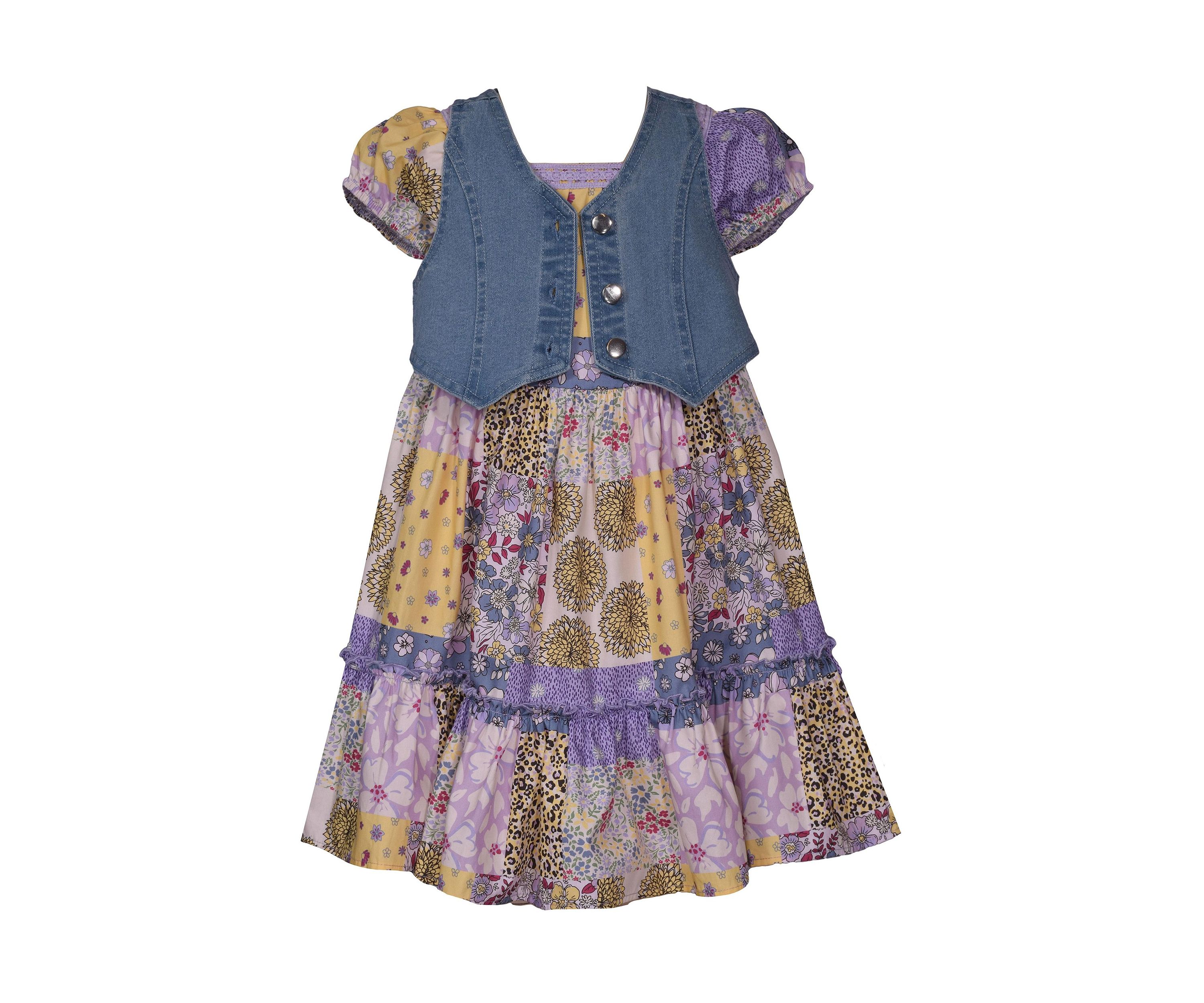 Toddler Girls Denim Vest with Patchwork Print Dress
