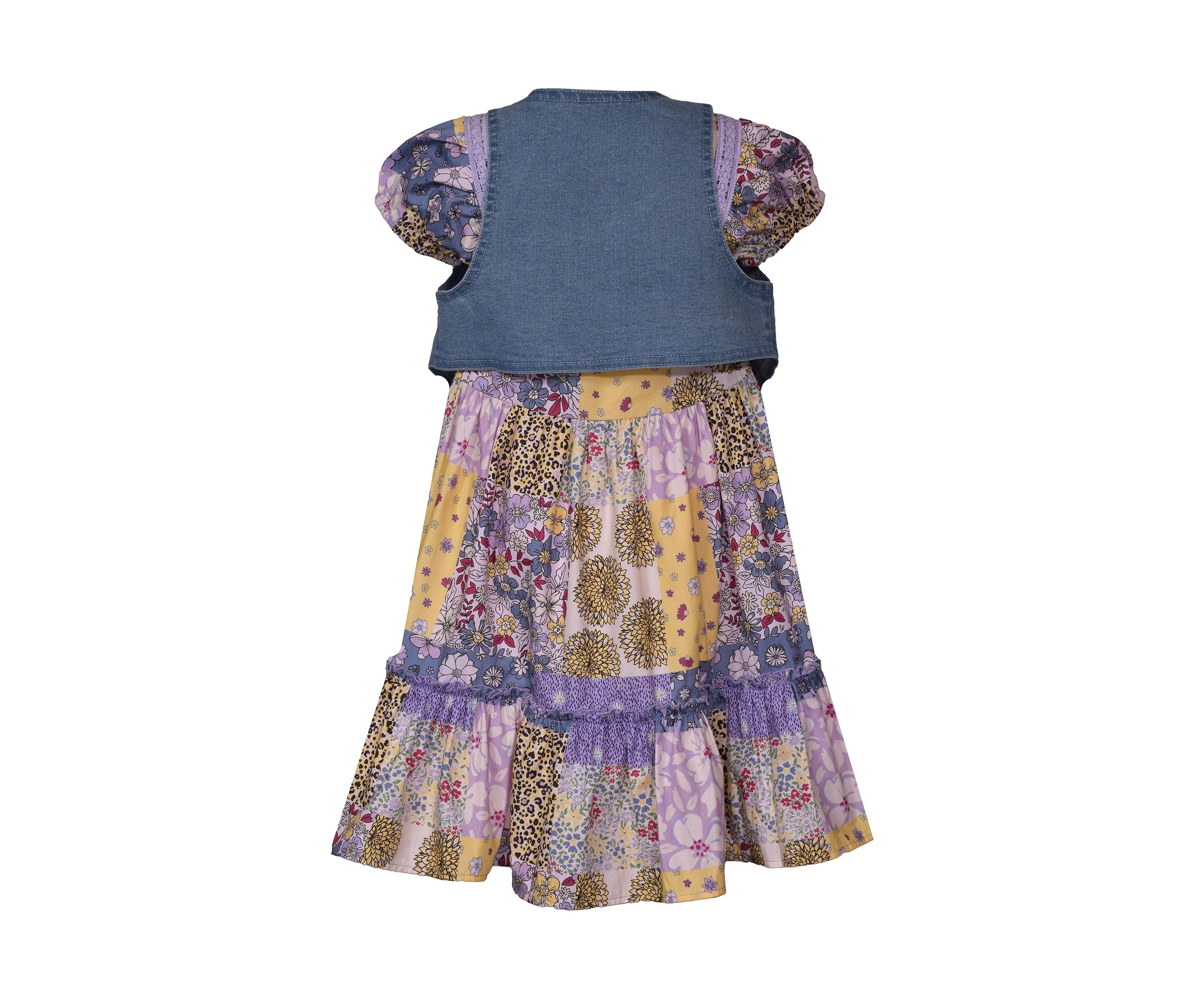 Toddler Girls Denim Vest with Patchwork Print Dress
