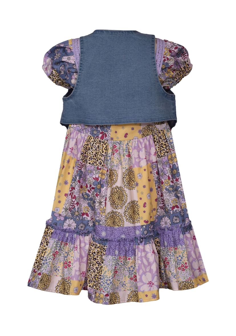 Toddler Girls Denim Vest with Patchwork Print Dress