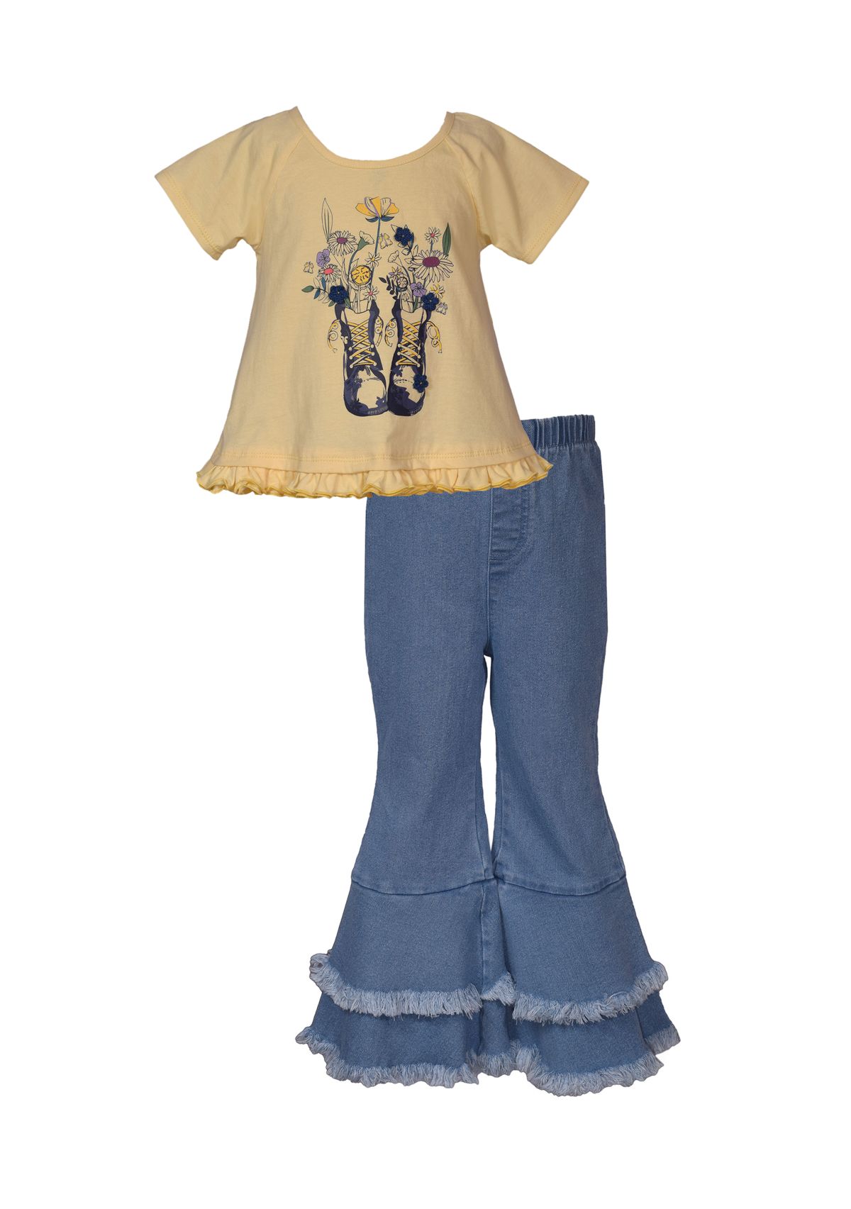 Toddler Girls Short Sleeve Boot Flower Appliqué Shirt and Pants Set