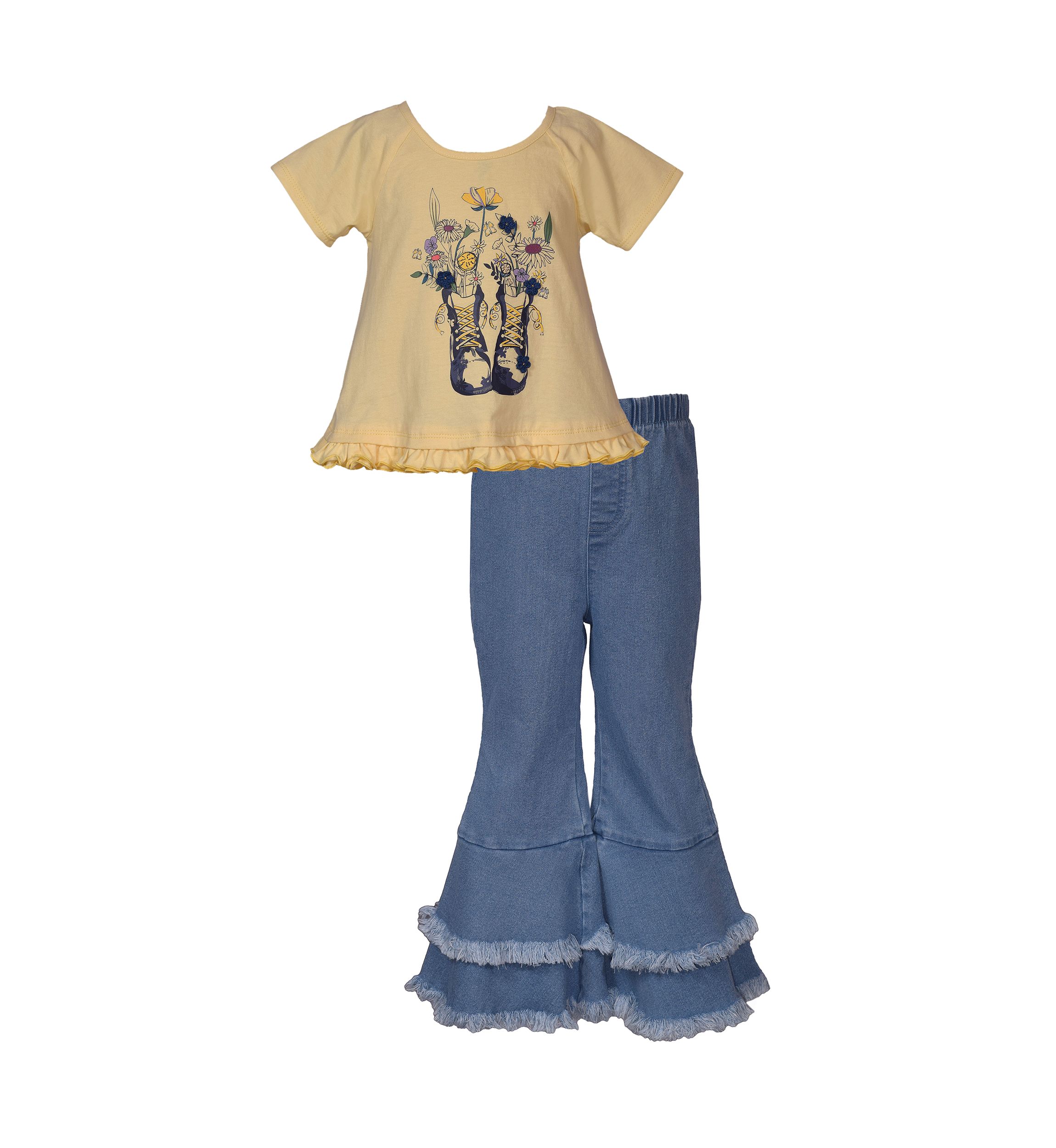 Toddler Girls Short Sleeve Boot Flower Appliqué Shirt and Pants Set