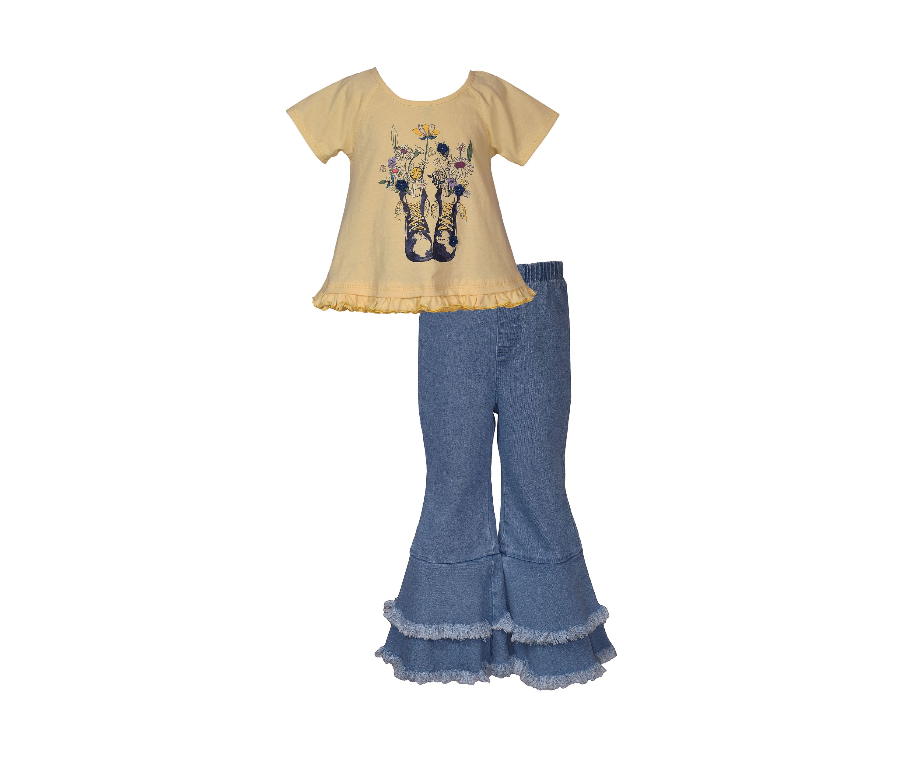Toddler Girls Short Sleeve Boot Flower Appliqué Shirt and Pants Set