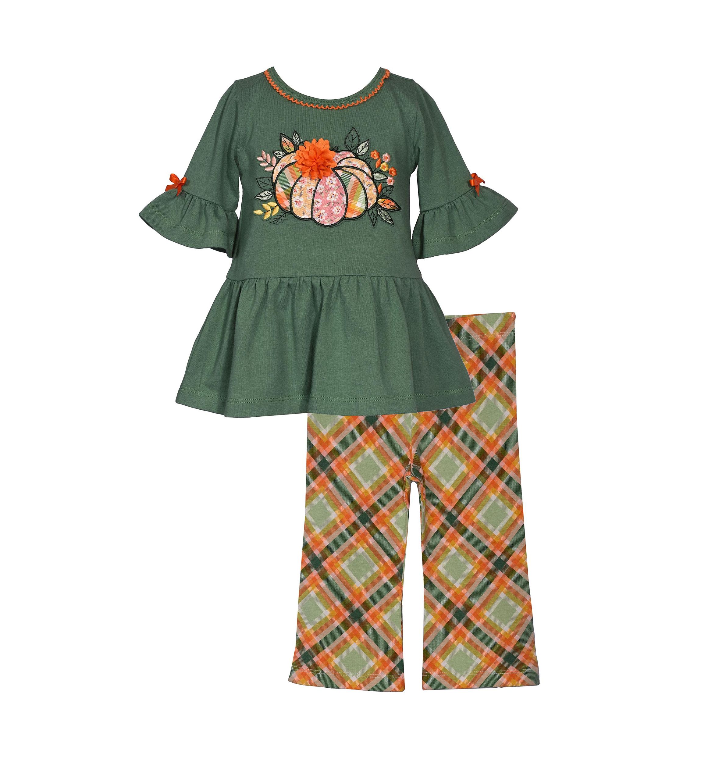 Toddler Girls 3/4 Sleeve Patchwork Pumpkin Top and Plaid Pants Set
