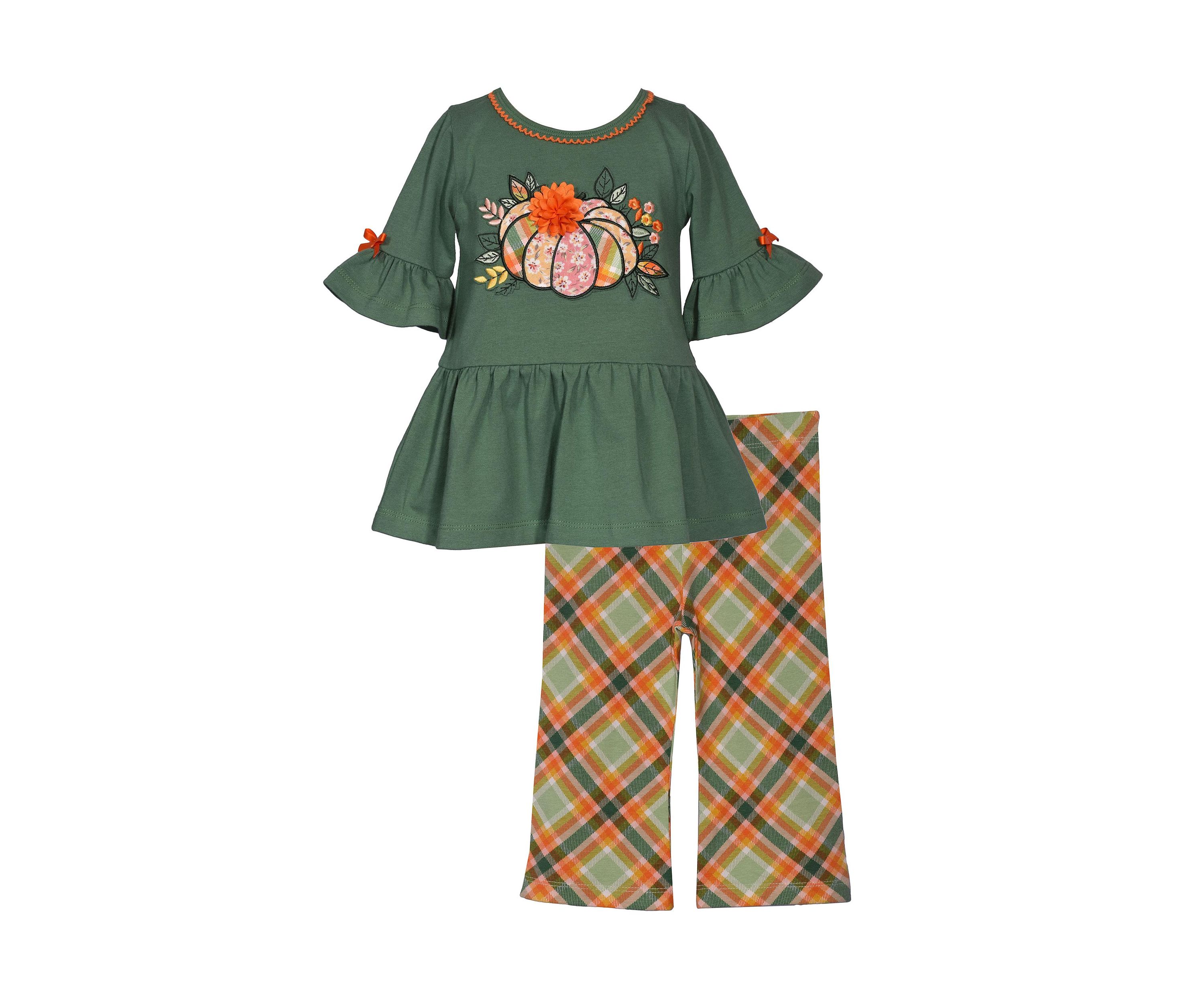Toddler Girls 3/4 Sleeve Patchwork Pumpkin Top and Plaid Pants Set