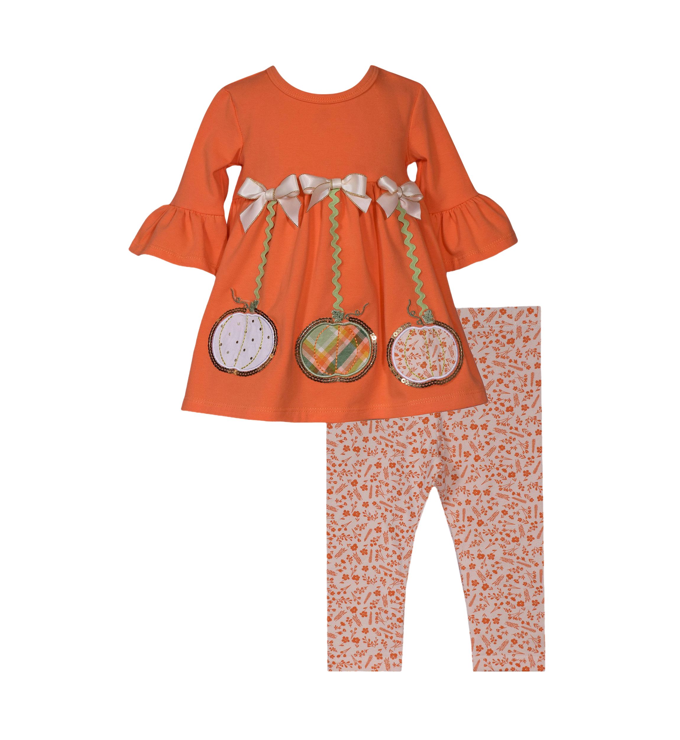 Toddler Girls 3/4 Sleeve Harvest Pumpkin Appliqué Top and Printed Leggings Set