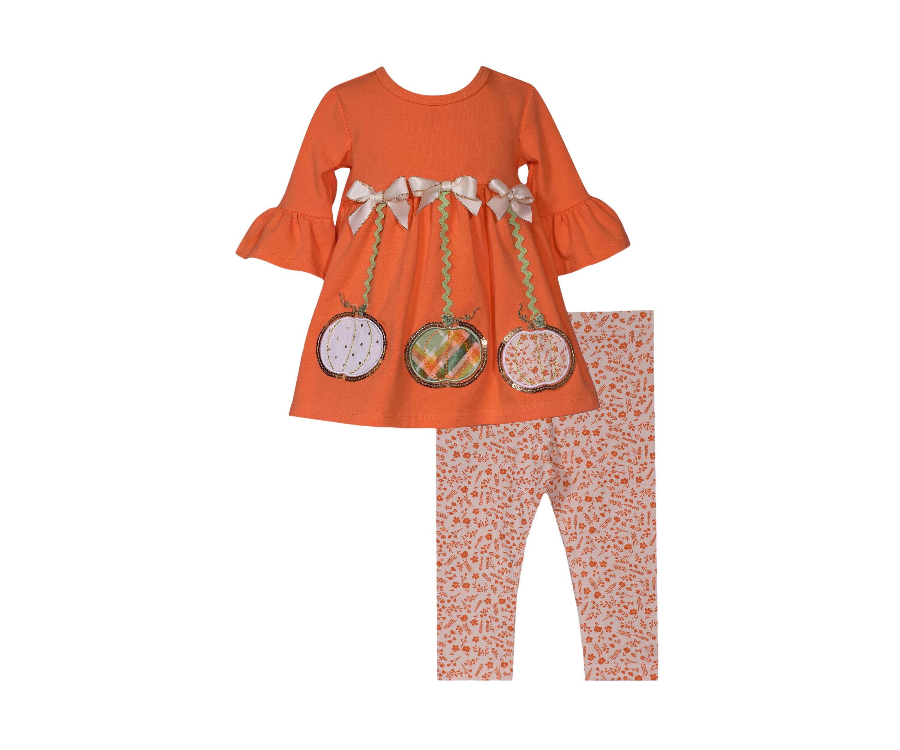 Toddler Girls 3/4 Sleeve Harvest Pumpkin Appliqué Top and Printed Leggings Set