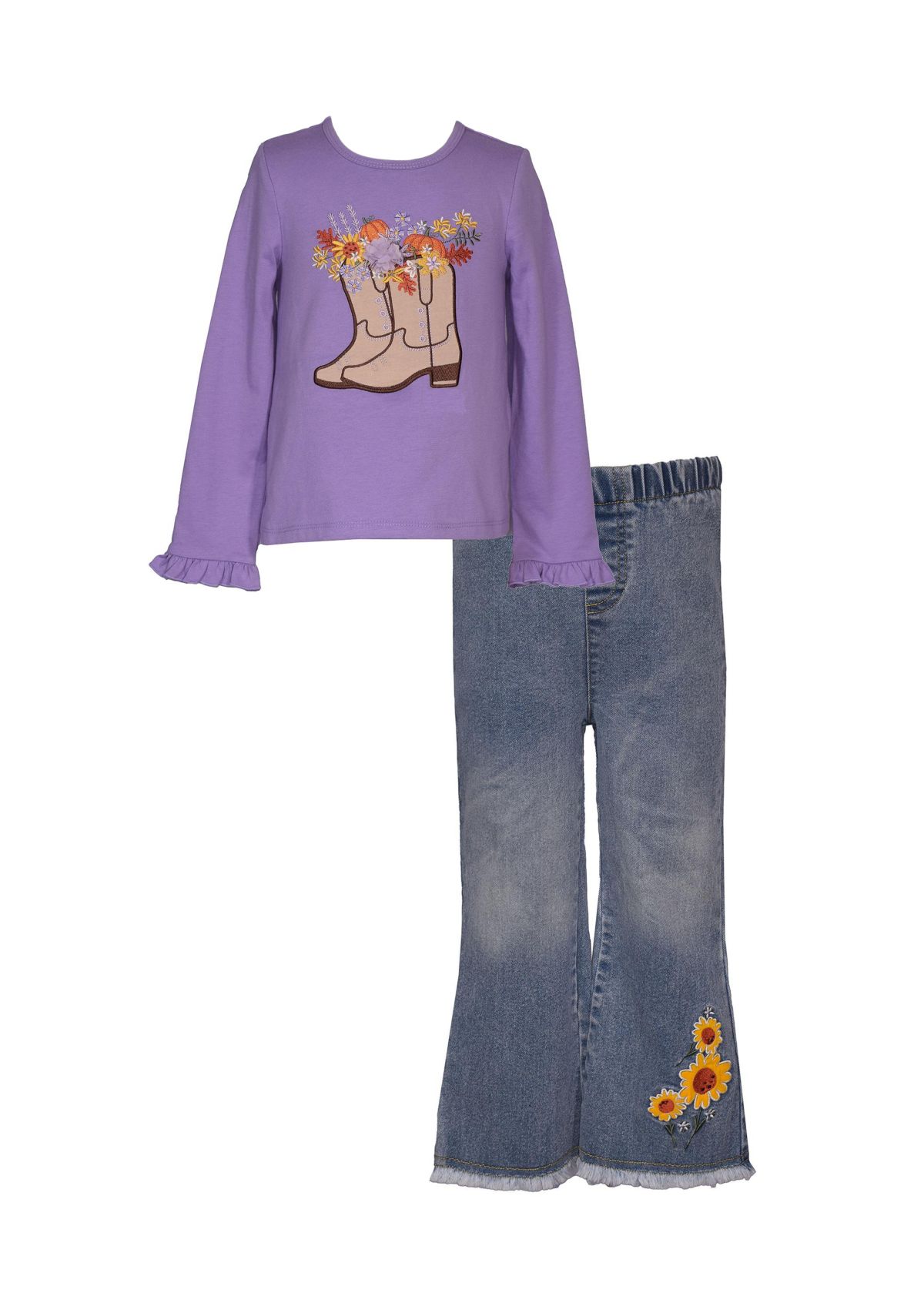 Toddler Girls Long Sleeve Boot Appliqué Top with Denim Flare Jeans
