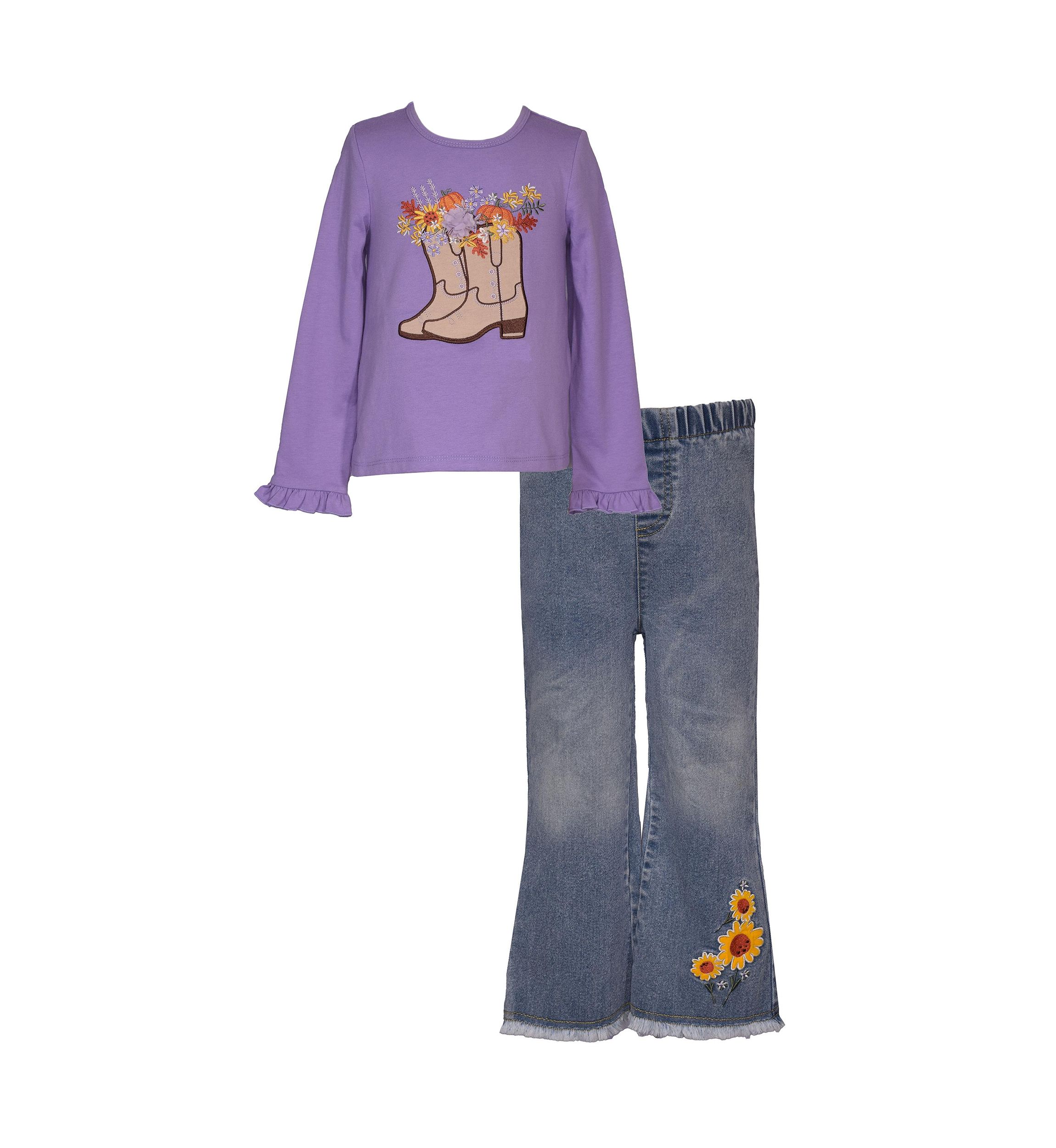 Toddler Girls Long Sleeve Boot Appliqué Top with Denim Flare Jeans