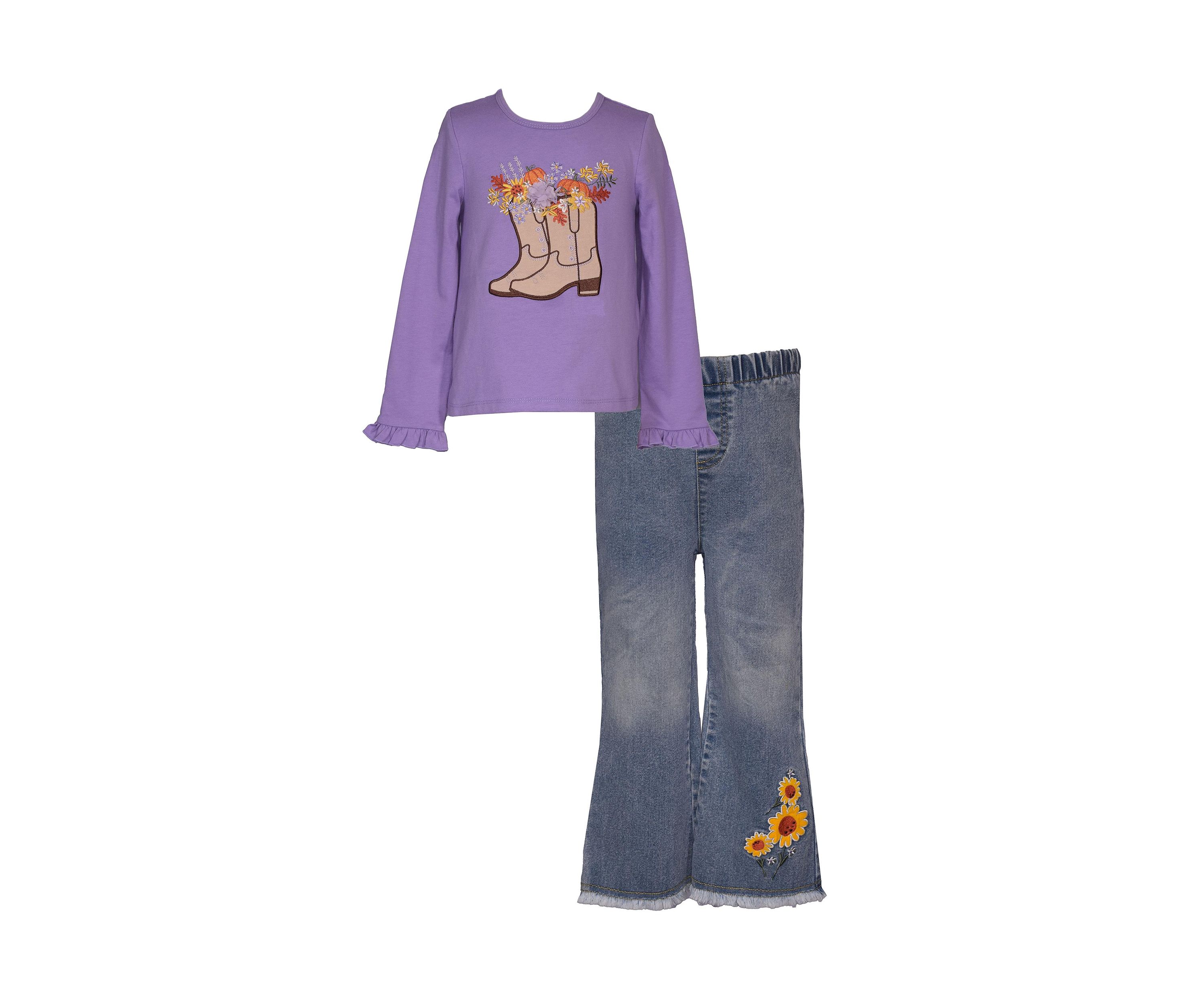 Toddler Girls Long Sleeve Boot Appliqué Top with Denim Flare Jeans