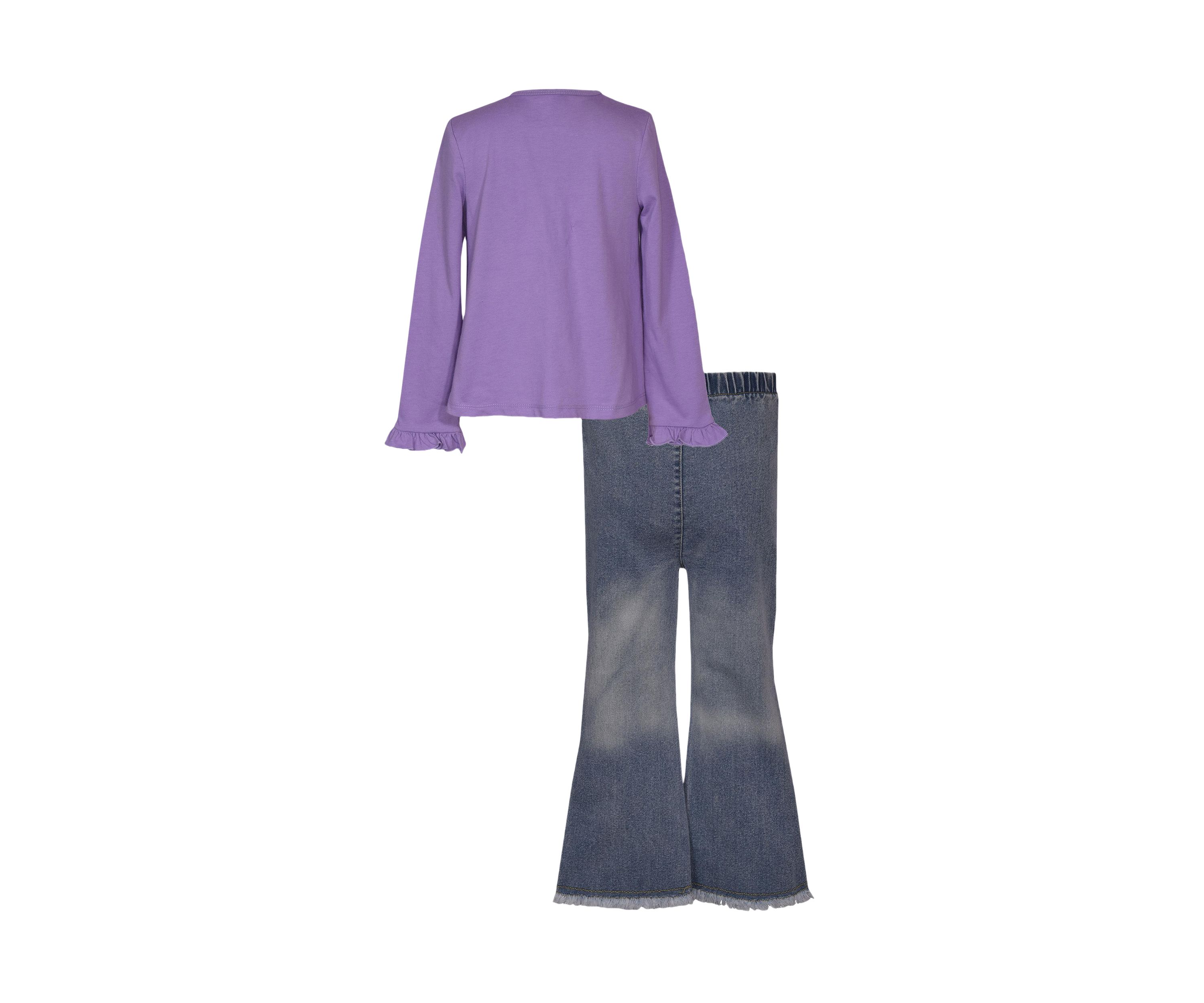 Toddler Girls Long Sleeve Boot Appliqué Top with Denim Flare Jeans