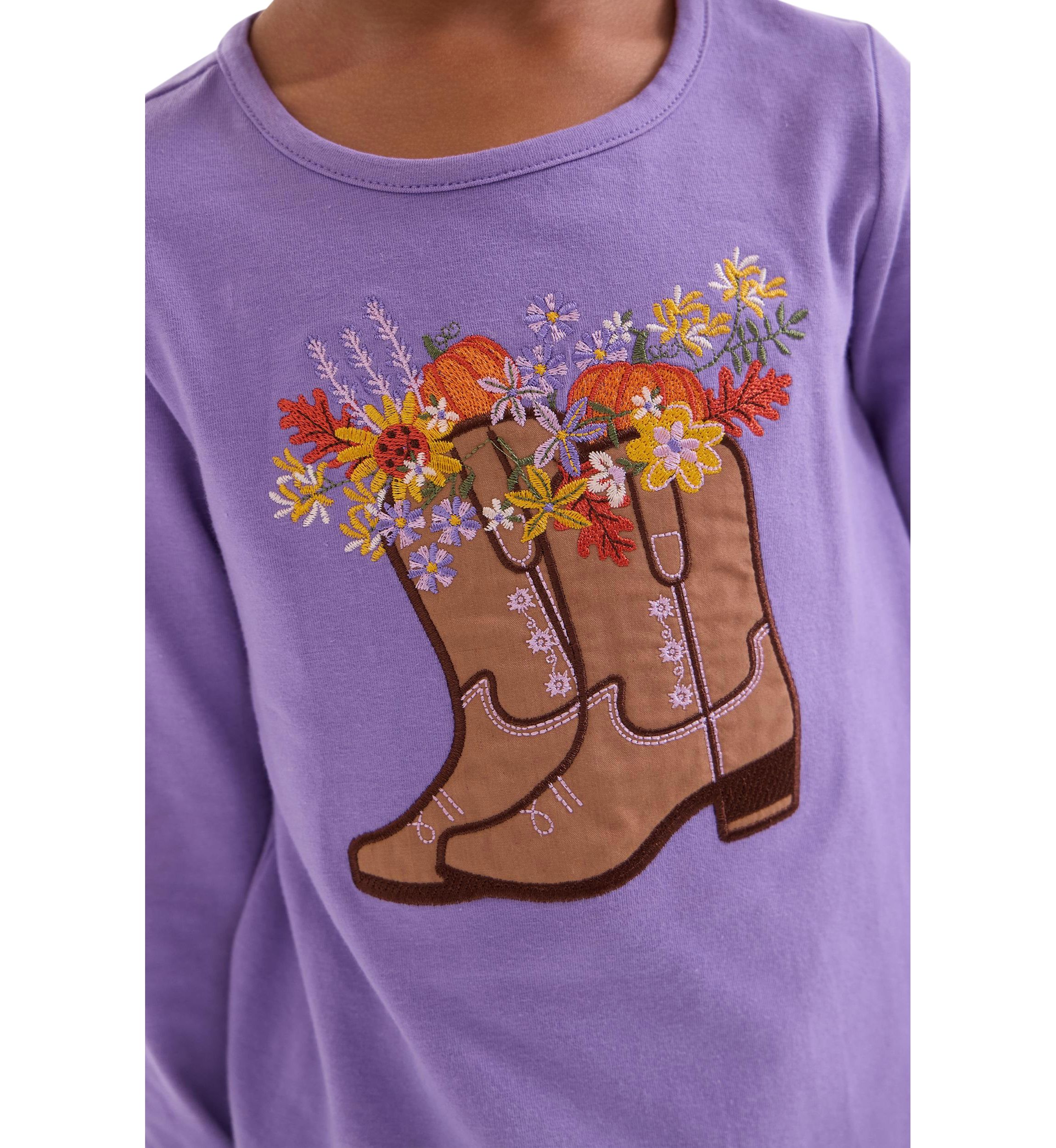 Toddler Girls Long Sleeve Boot Appliqué Top with Denim Flare Jeans