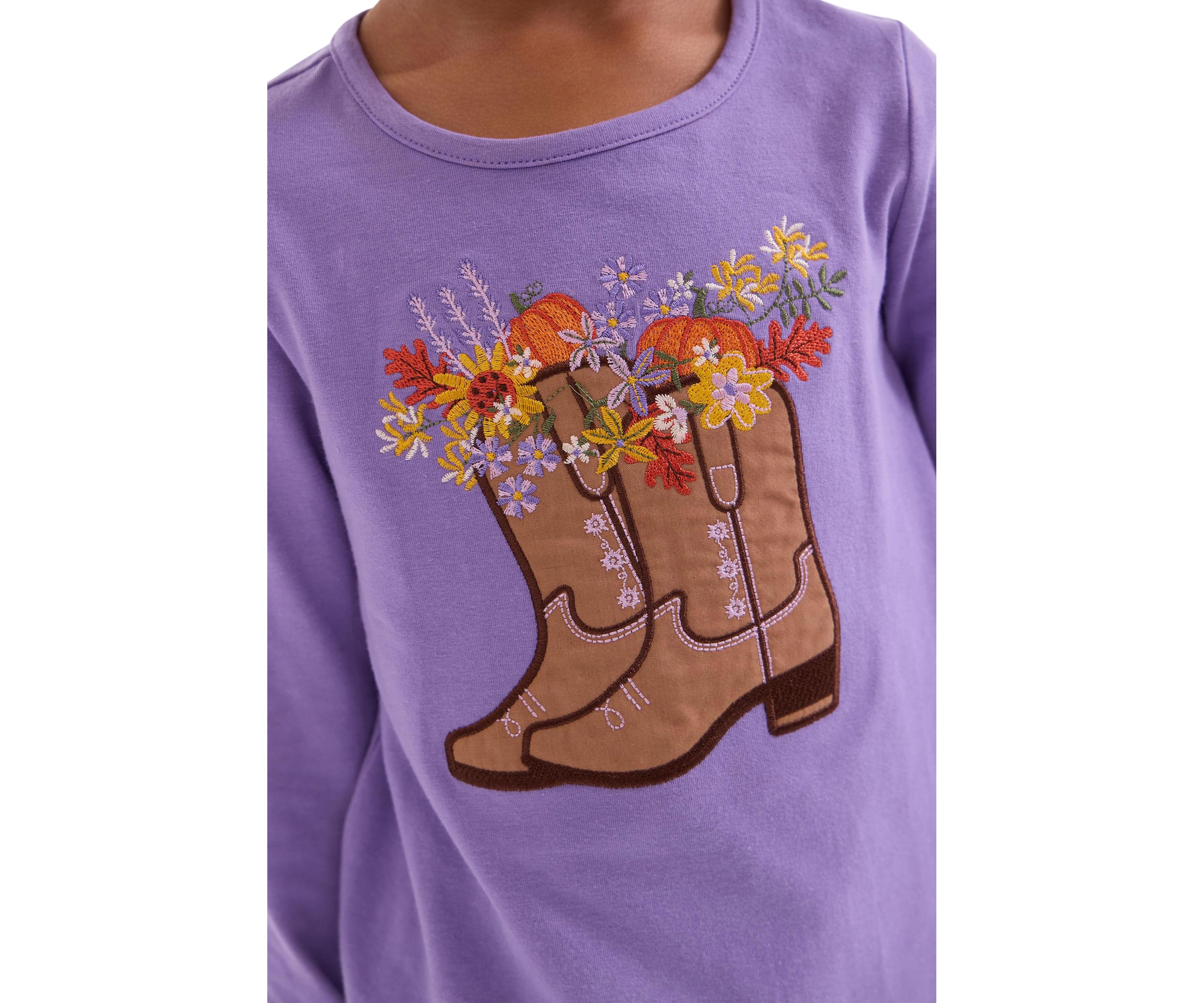 Toddler Girls Long Sleeve Boot Appliqué Top with Denim Flare Jeans