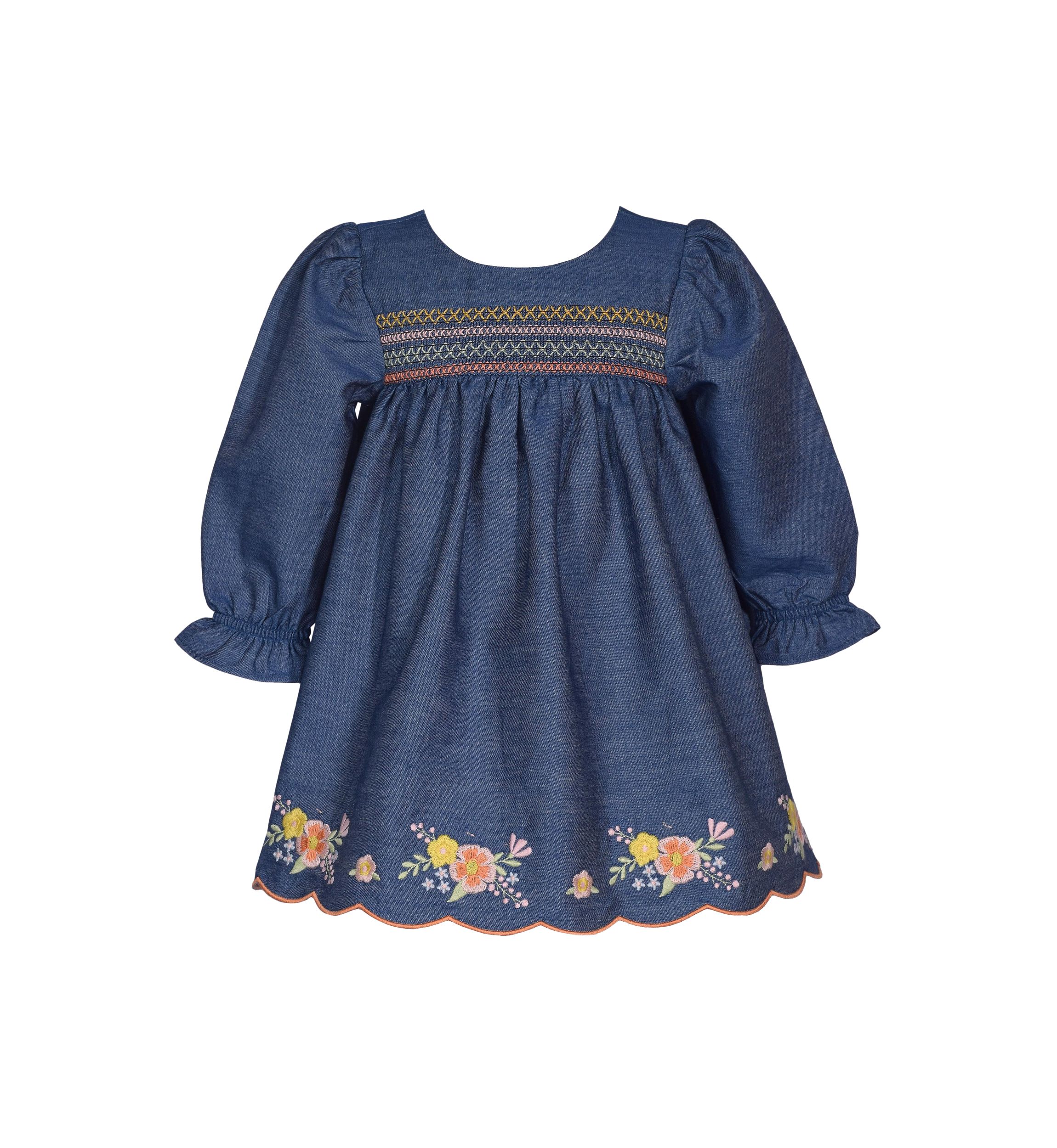 Toddler Girls Long Sleeve Denim Embroidered Dress