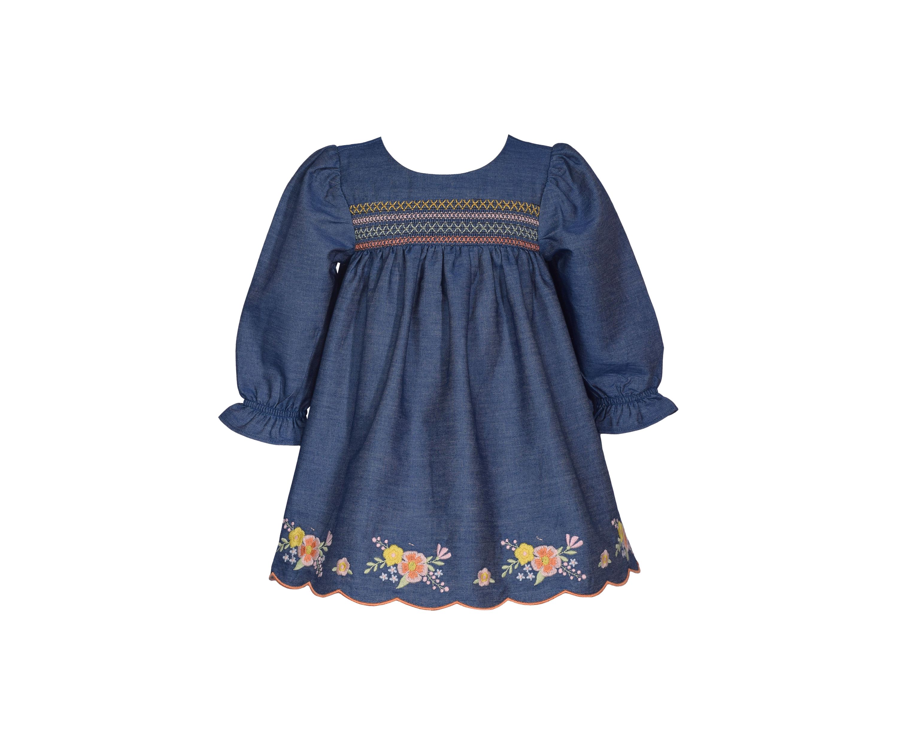 Toddler Girls Long Sleeve Denim Embroidered Dress