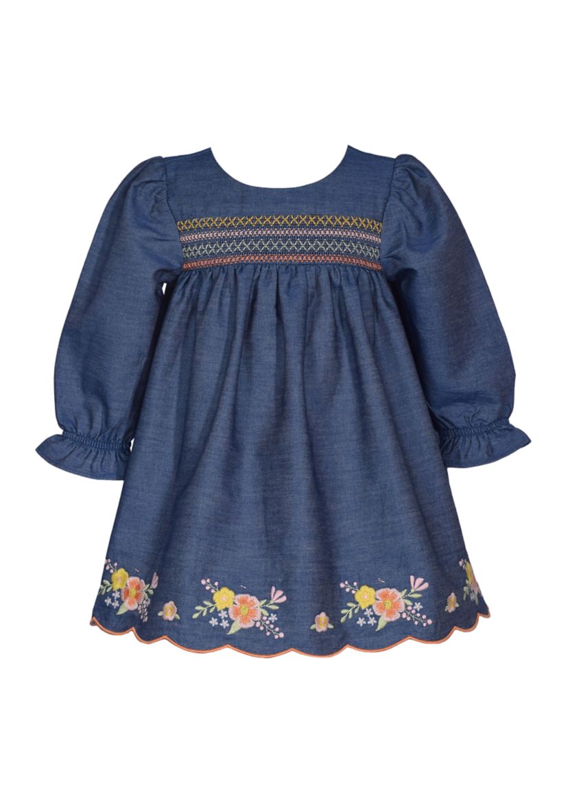 Toddler Girls Long Sleeve Denim Embroidered Dress