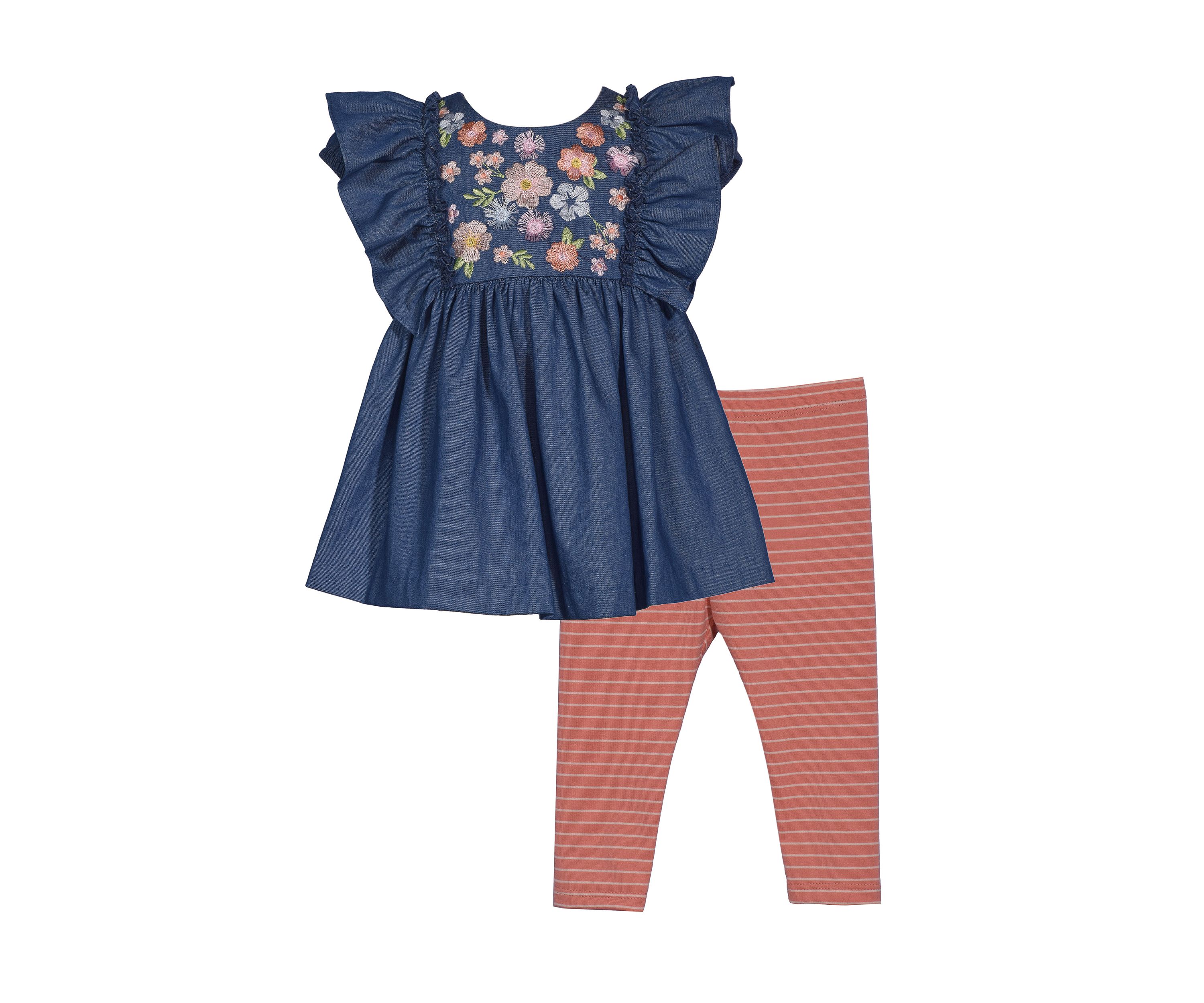 Toddler Girls Flutter Sleeve Embroidered Top with Leggings