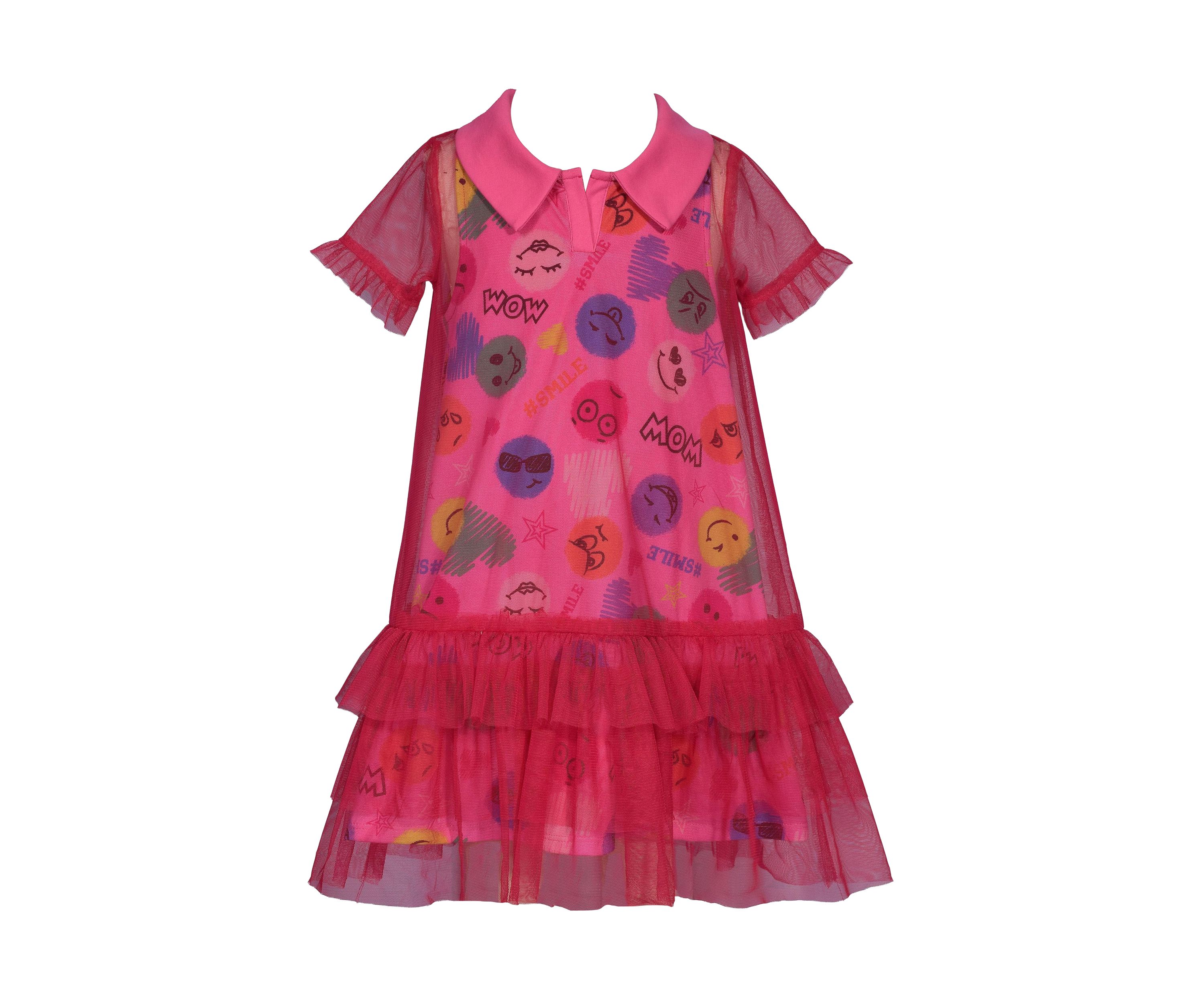Toddler Girls Short Sleeve Emoji with Mesh Overlay Dress