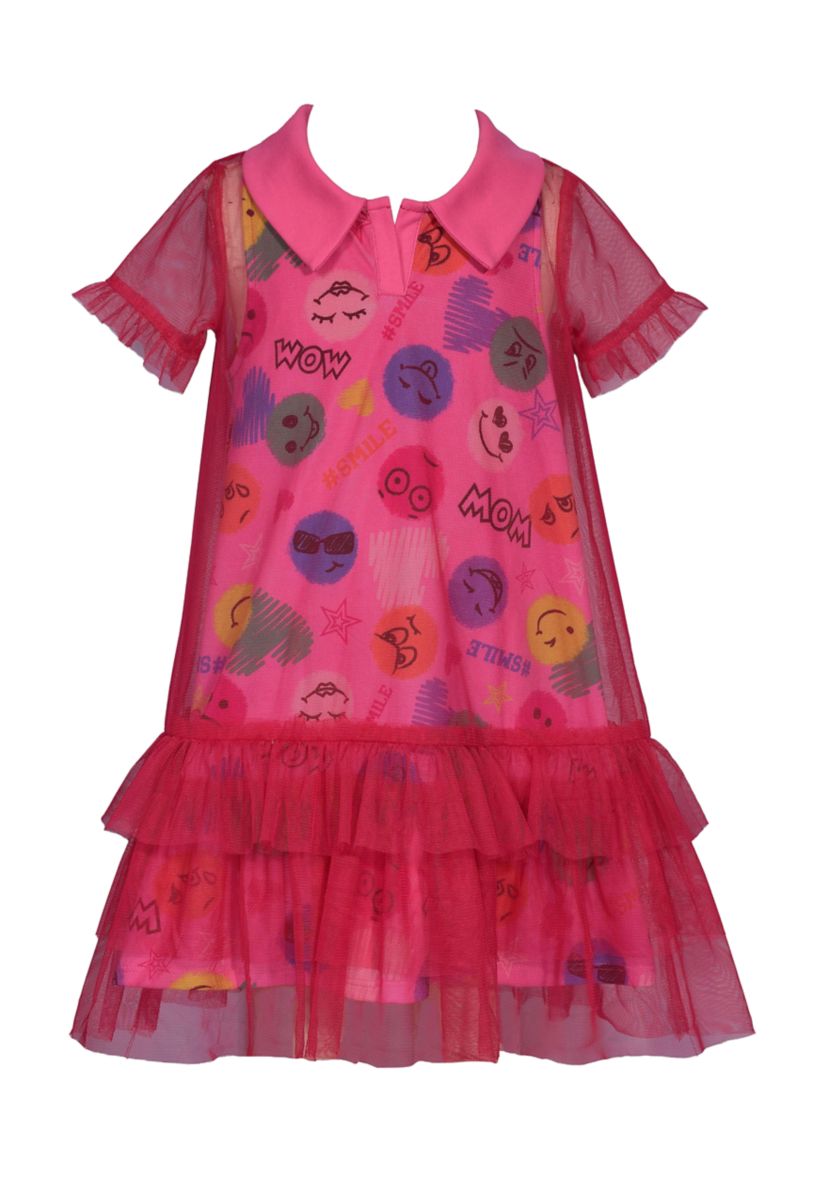 Toddler Girls Short Sleeve Emoji with Mesh Overlay Dress