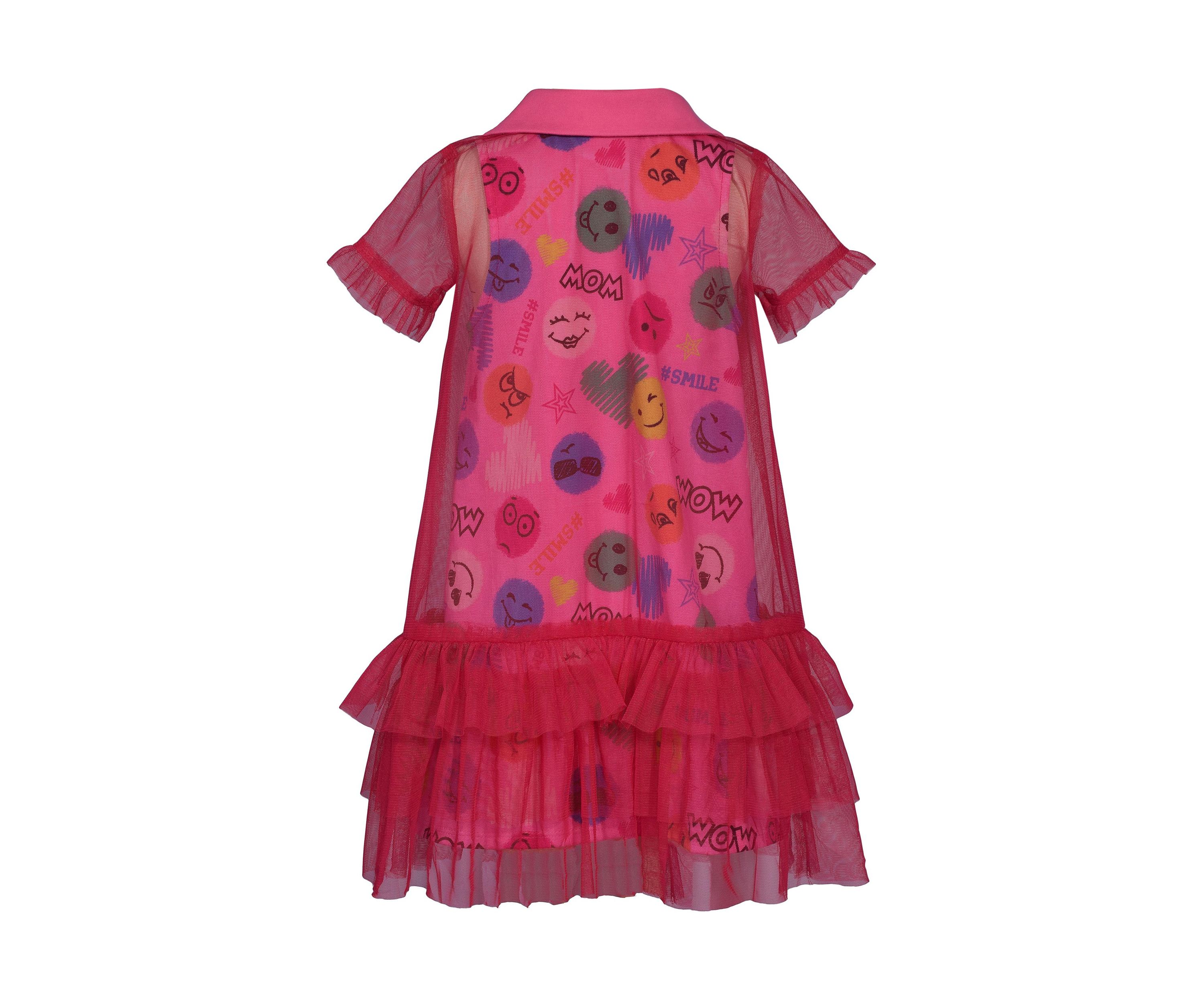 Toddler Girls Short Sleeve Emoji with Mesh Overlay Dress