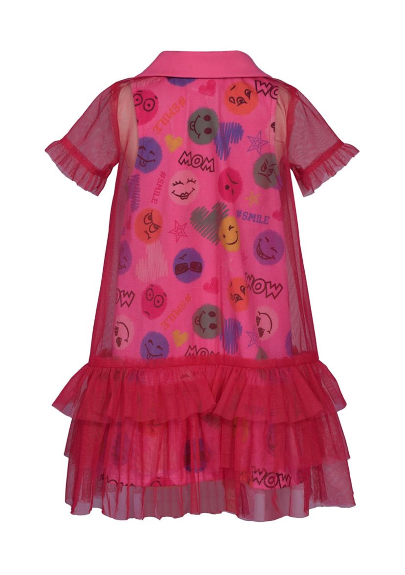 Toddler Girls Short Sleeve Emoji with Mesh Overlay Dress