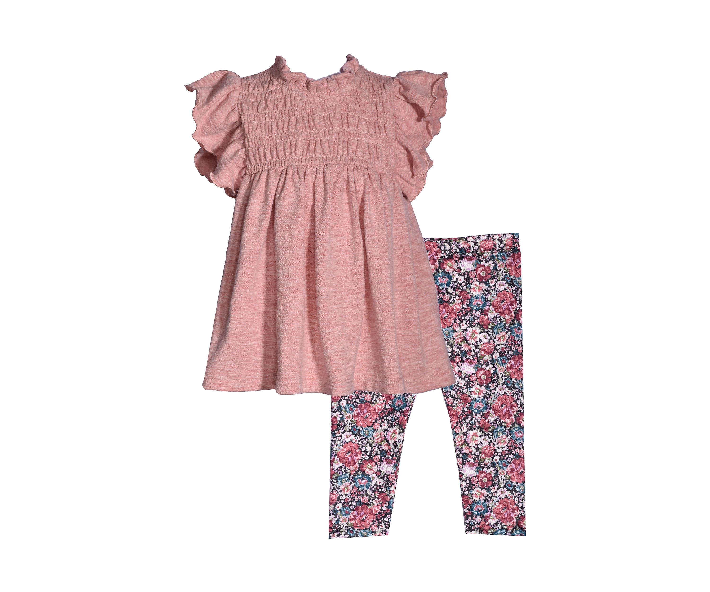 Baby Girls Short Flutter Sleeve Smocked Neck Top and Printed Leggings Set