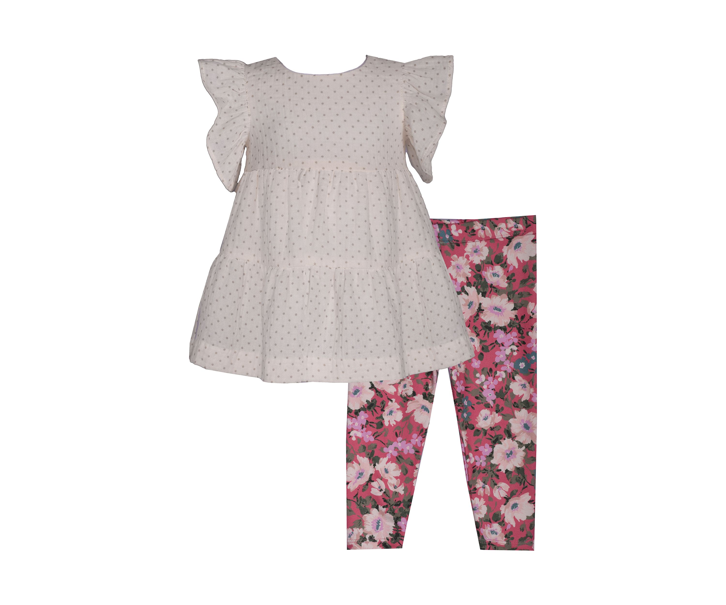 Baby Girls Flutter Sleeve Tiered Metallic Top and Printed Leggings Set