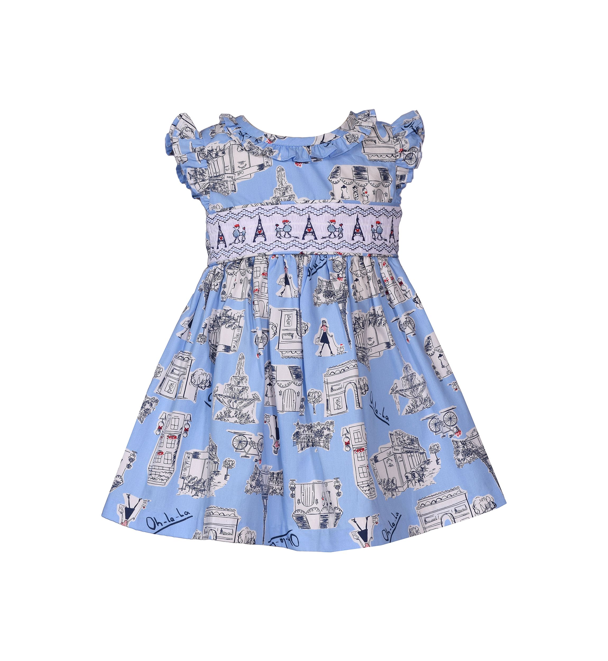 Baby Girls Paris Printed Smocked Ruffle Dress