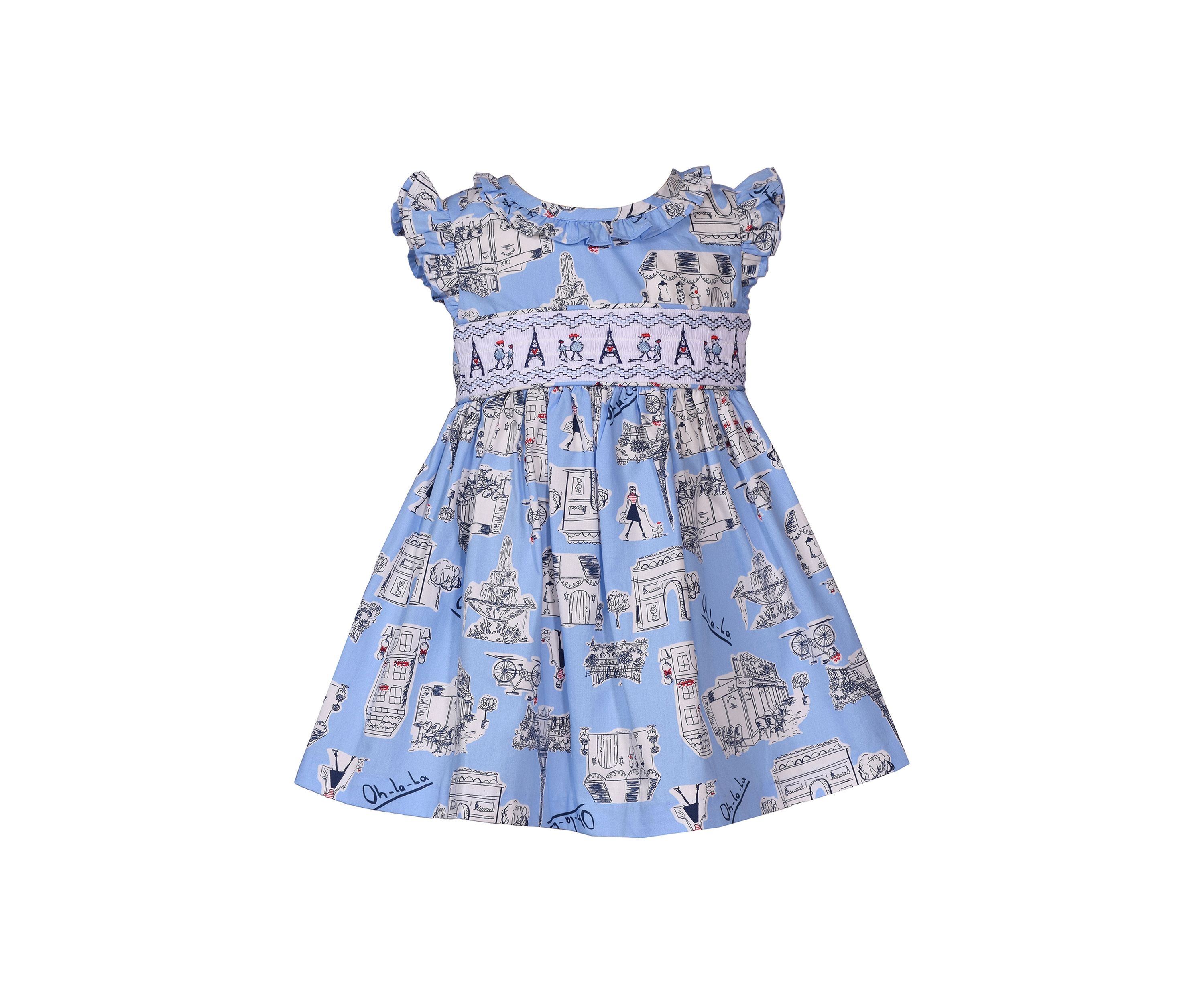 Baby Girls Paris Printed Smocked Ruffle Dress