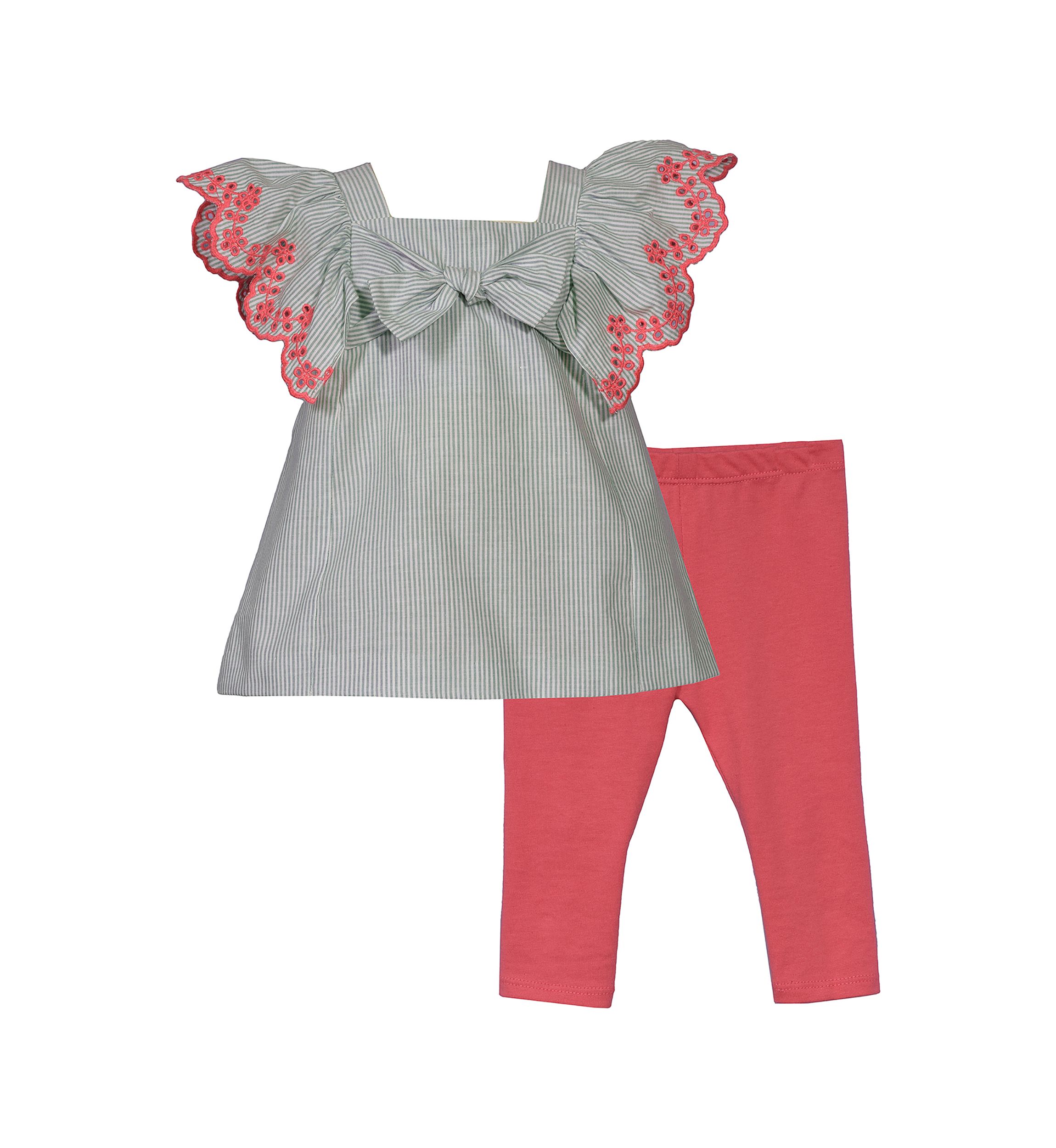 Baby Girls Embroidered Flutter Sleeve Top and Solid Leggings Set