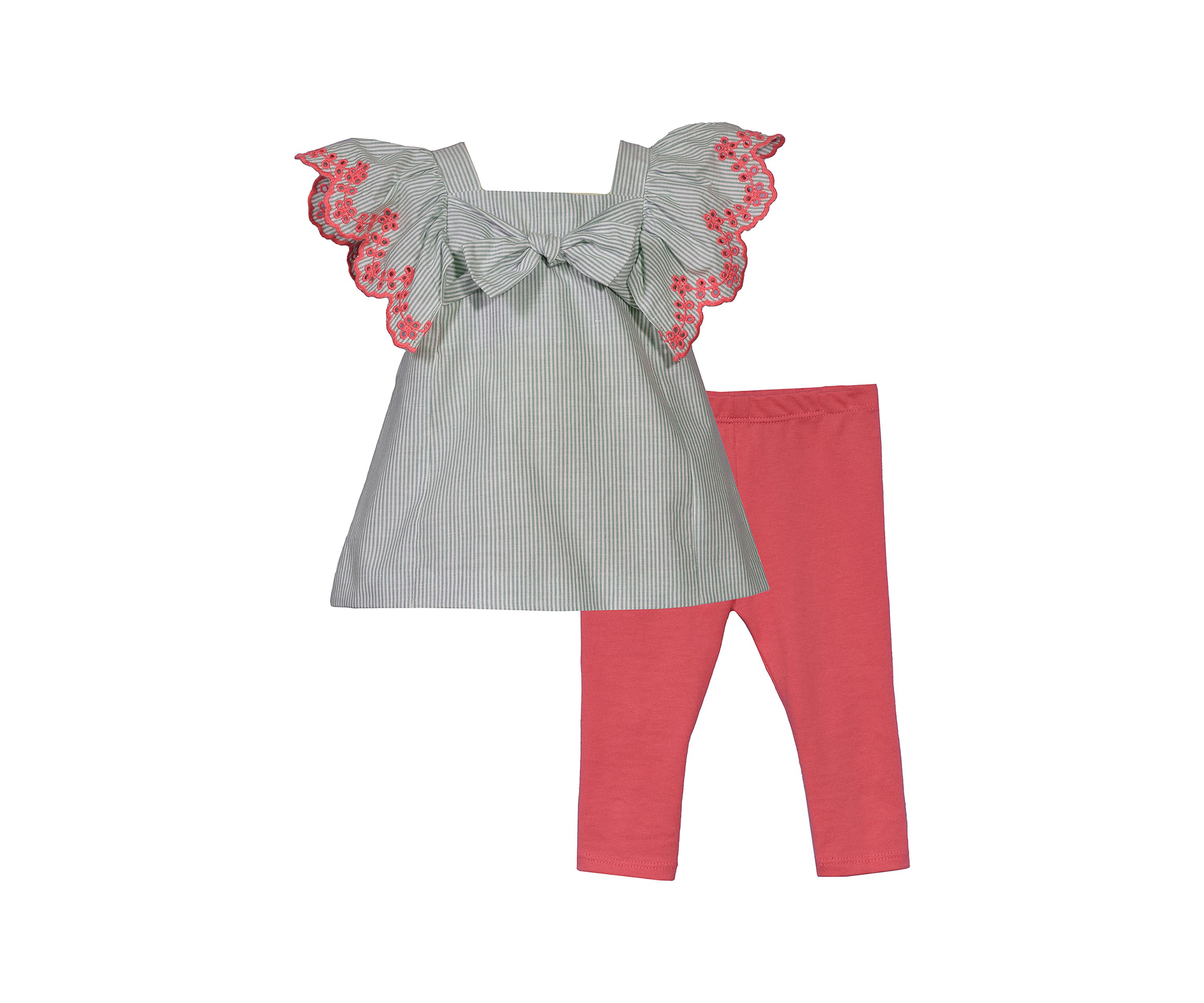Baby Girls Embroidered Flutter Sleeve Top and Solid Leggings Set