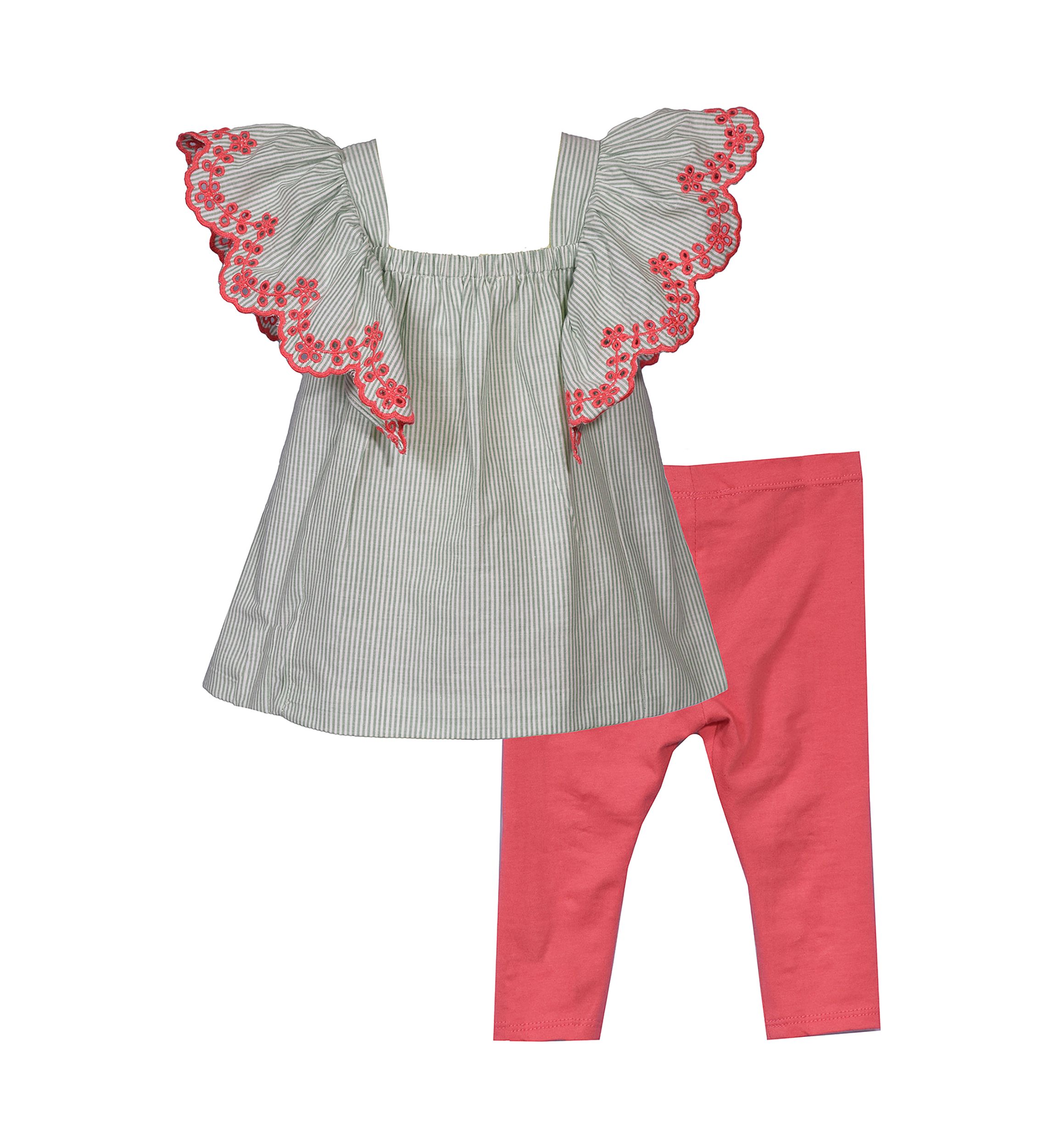 Baby Girls Embroidered Flutter Sleeve Top and Solid Leggings Set