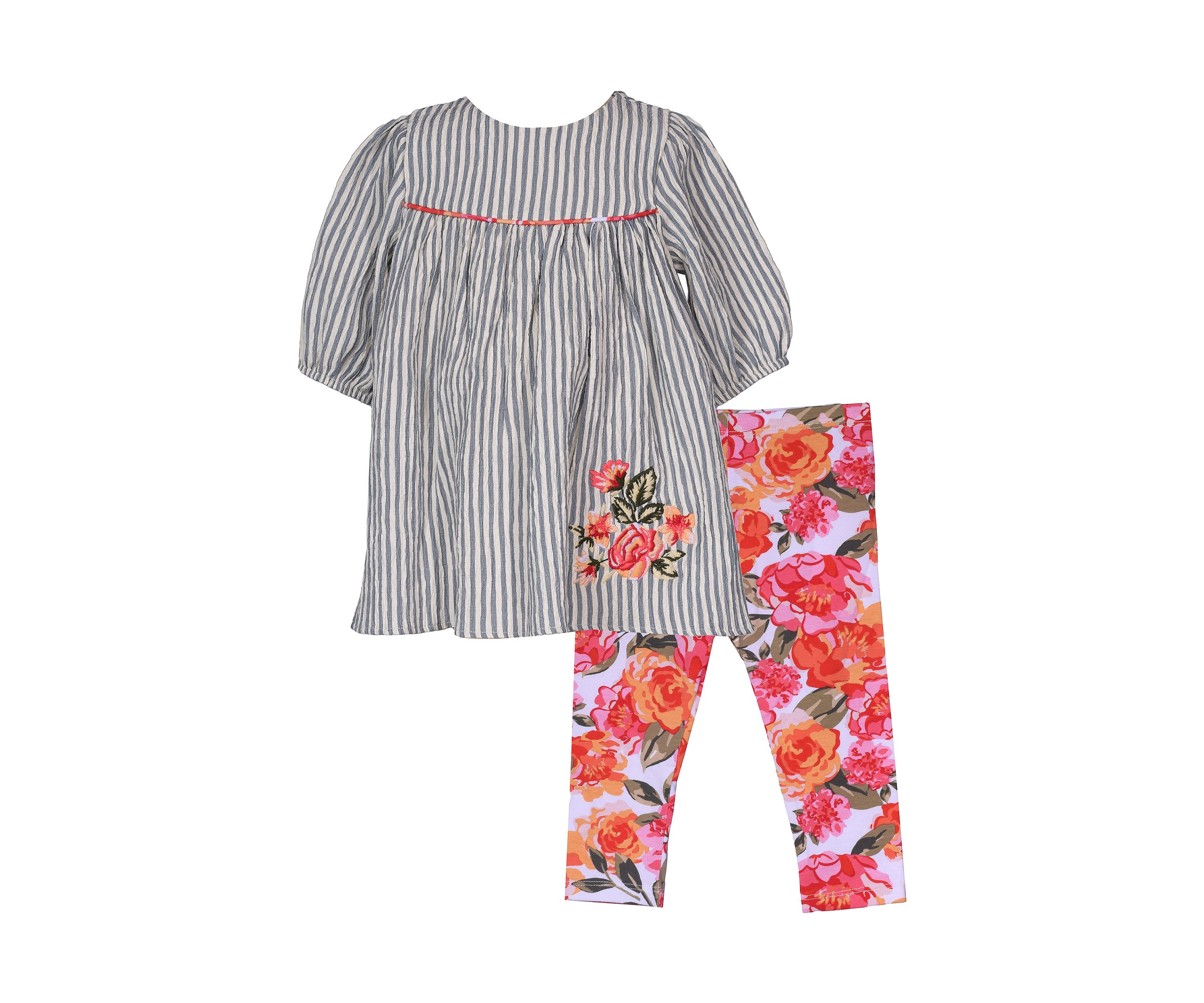Baby Girls Striped Embroidered Top and Floral Printed Leggings Set