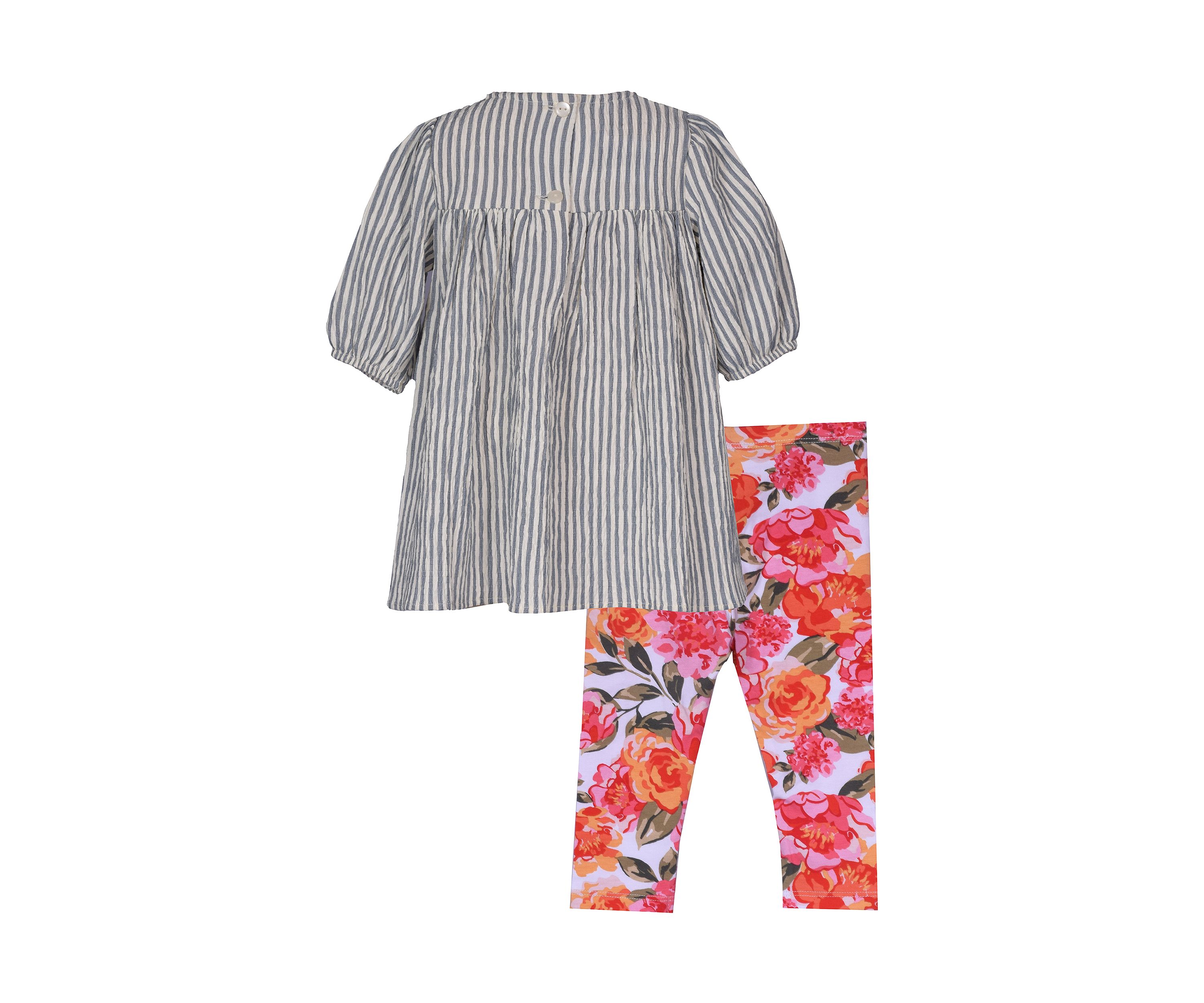 Baby Girls Striped Embroidered Top and Floral Printed Leggings Set