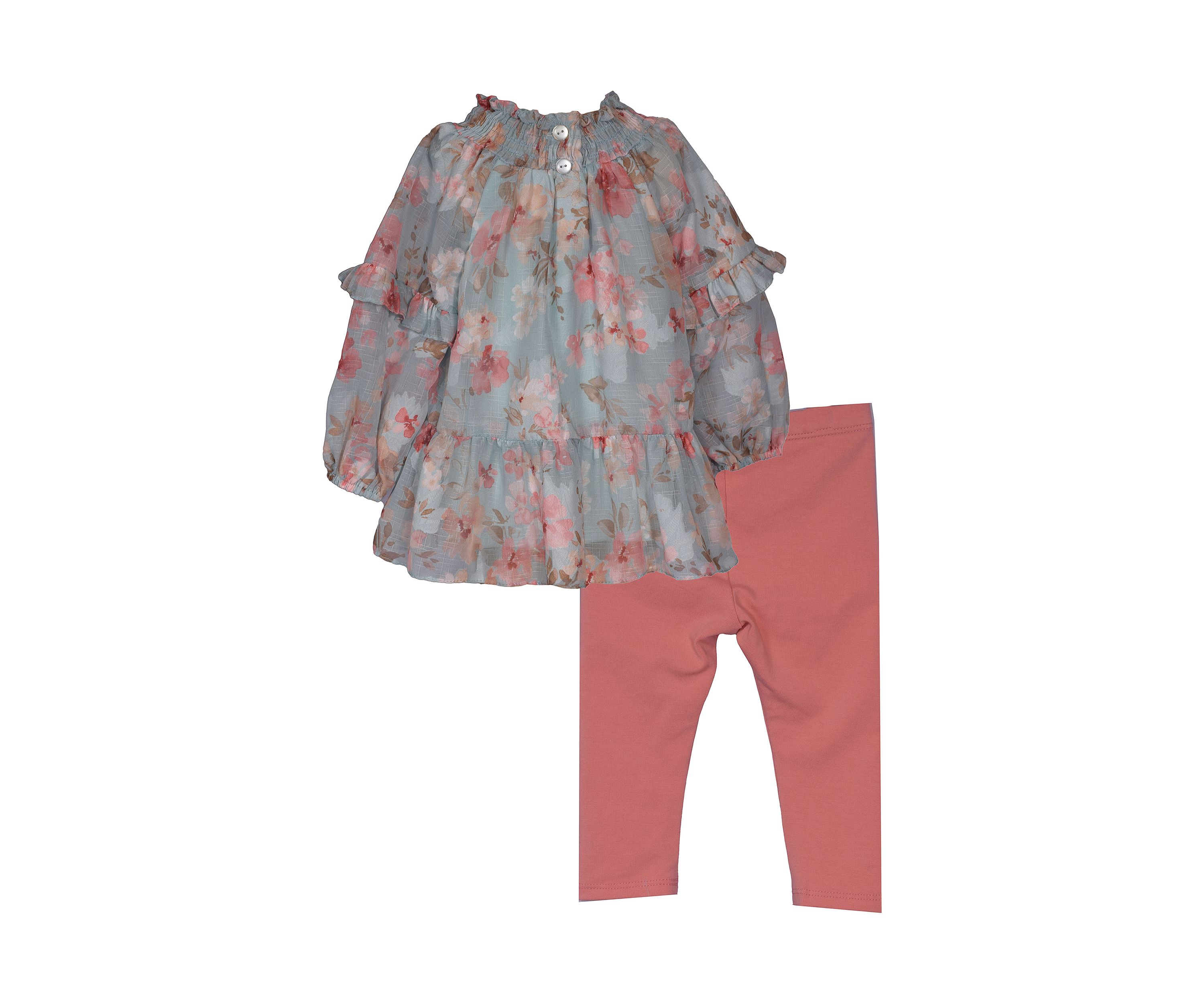 Baby Girls Smocked Printed Chiffon Top and Solid Leggings Set